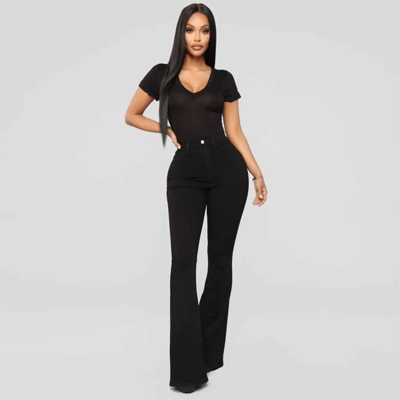 Bell-Bottom Flare Jeans in Black, worn by a model