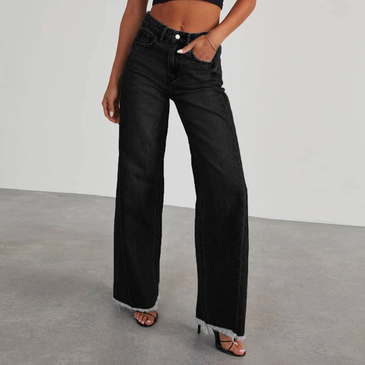 High-Waist Wide-Leg Jeans in Black, worn by a model