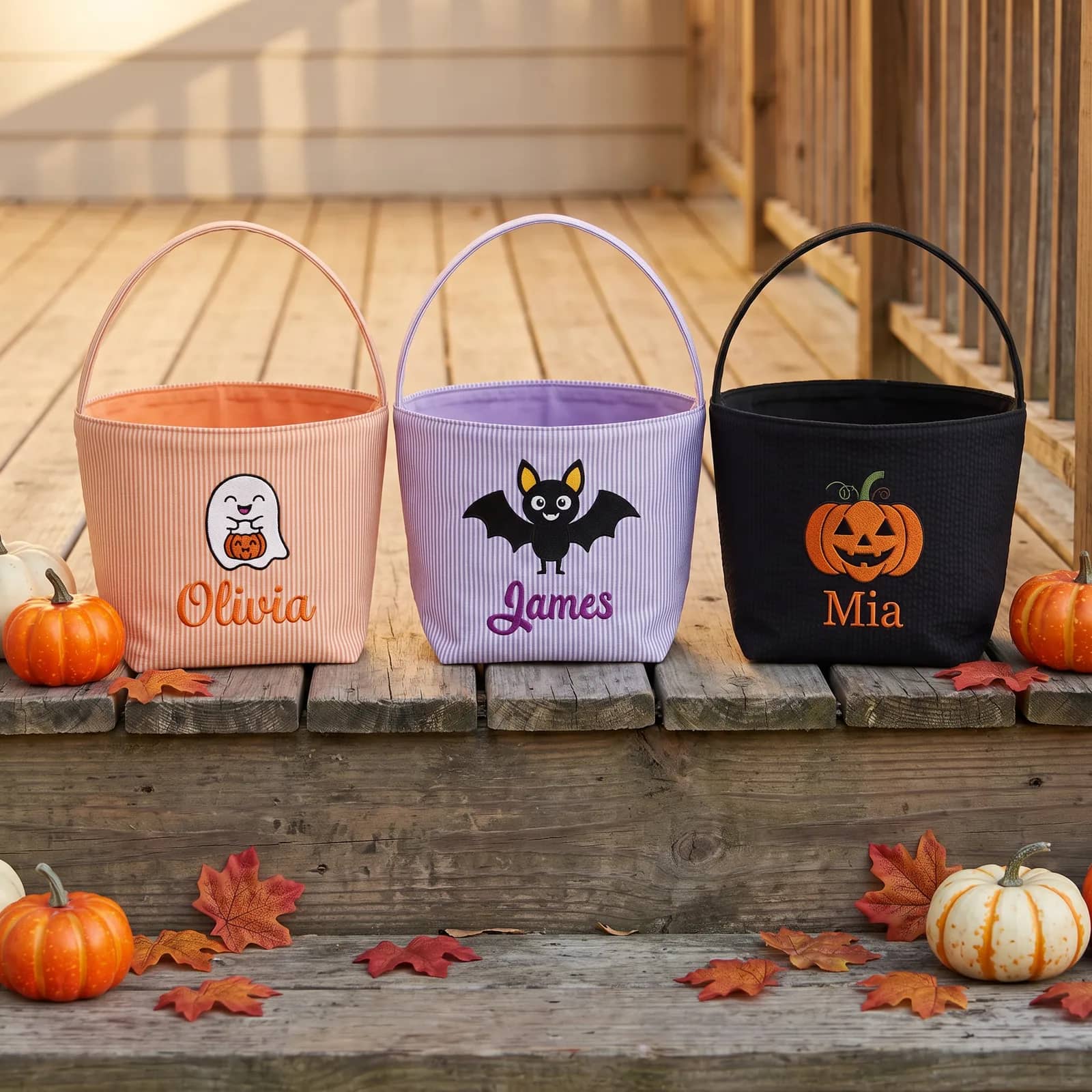 Three personalized seersucker Halloween baskets with embroidered names on a porch step