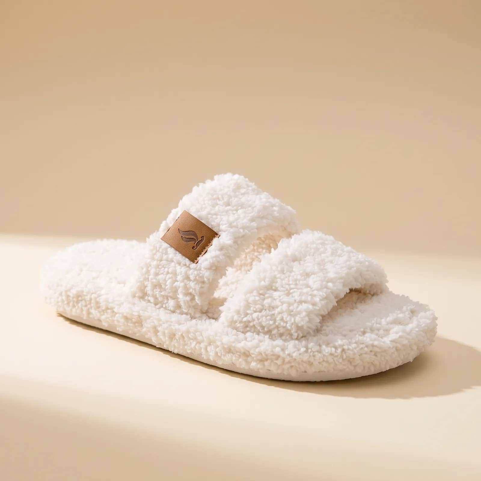 Plush Slide Slippers in Ivory on a cream studio background