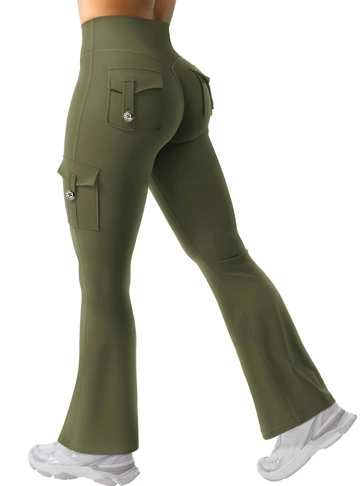 Pull-On Bootcut Dress Pants in Olive, worn by a model