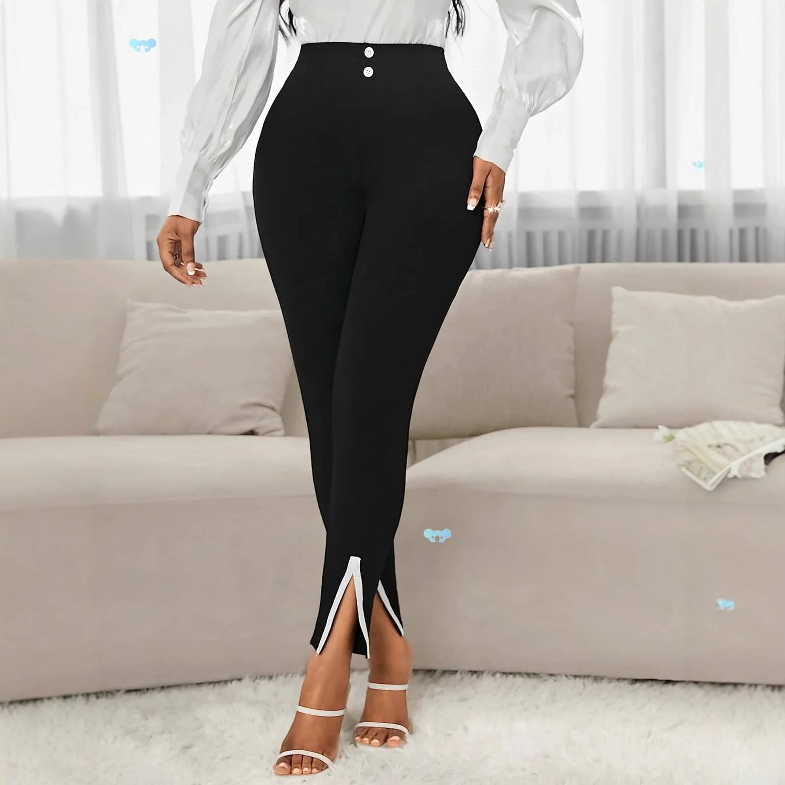 Slim Stretch Work Pants in Black worn with a white blouse and heels
