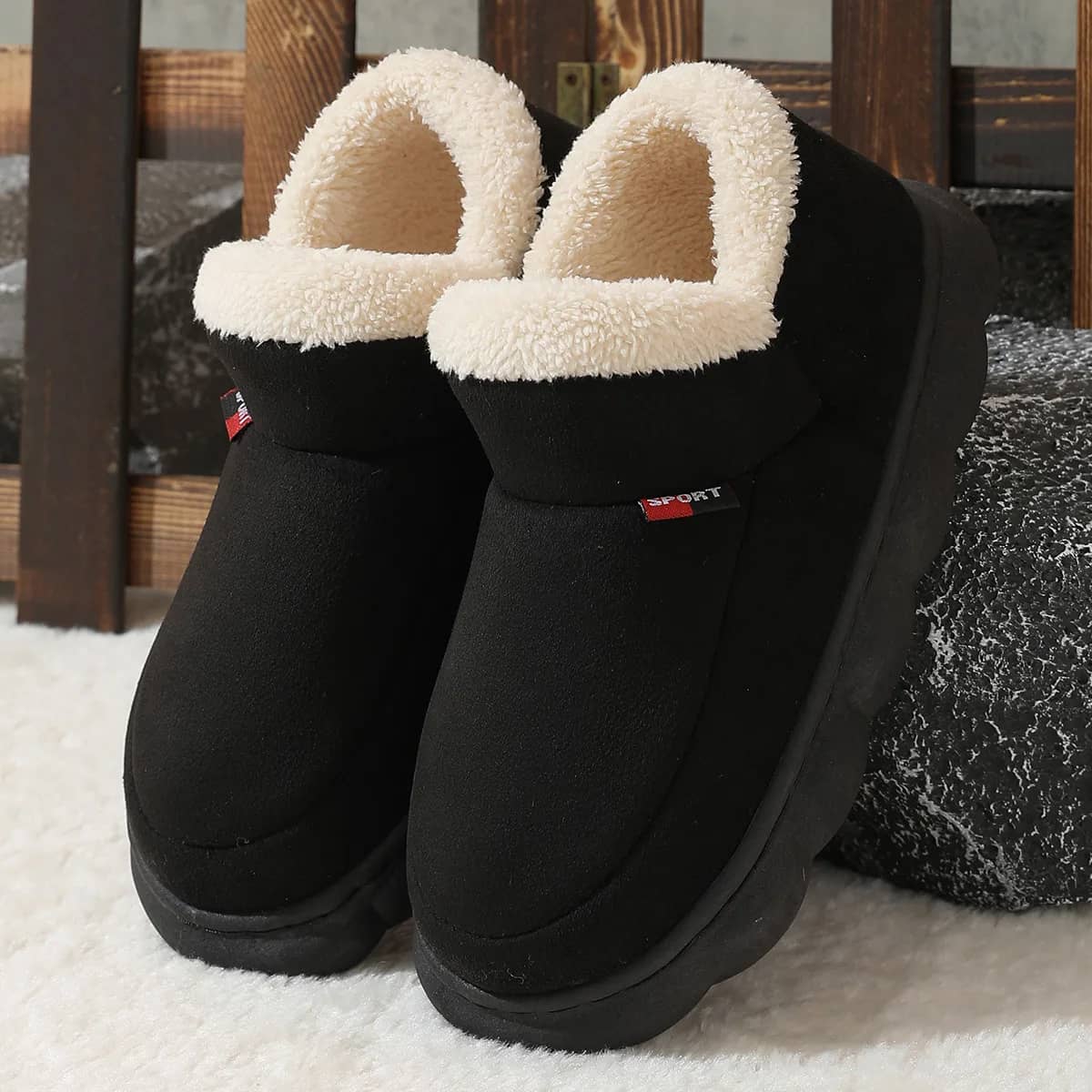 Suede Fleece-Lined House Shoes in Black, product shot