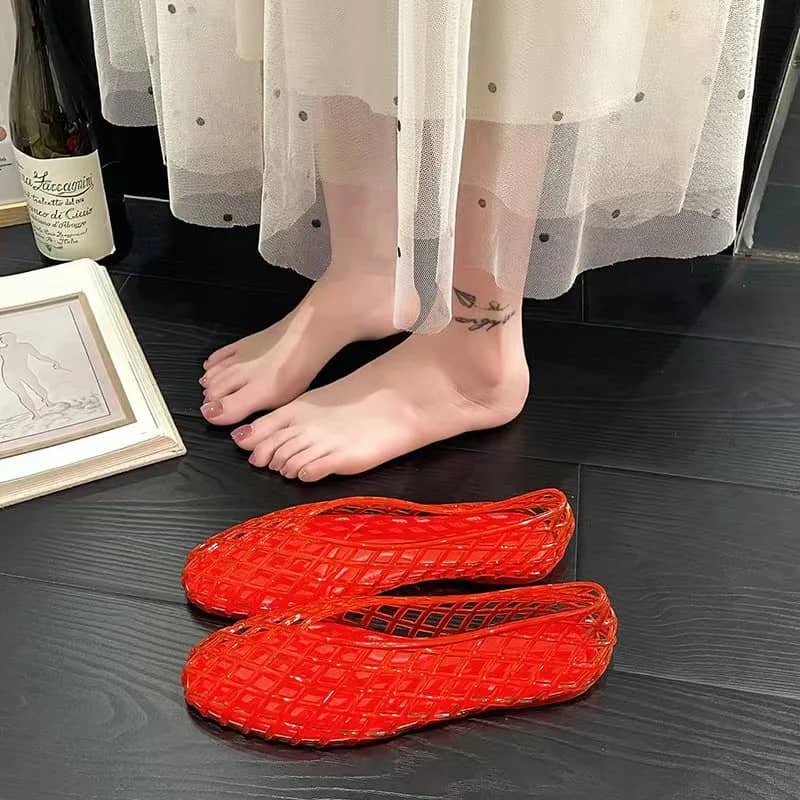 Woven Jelly Ballet Flats in Red, styled shot