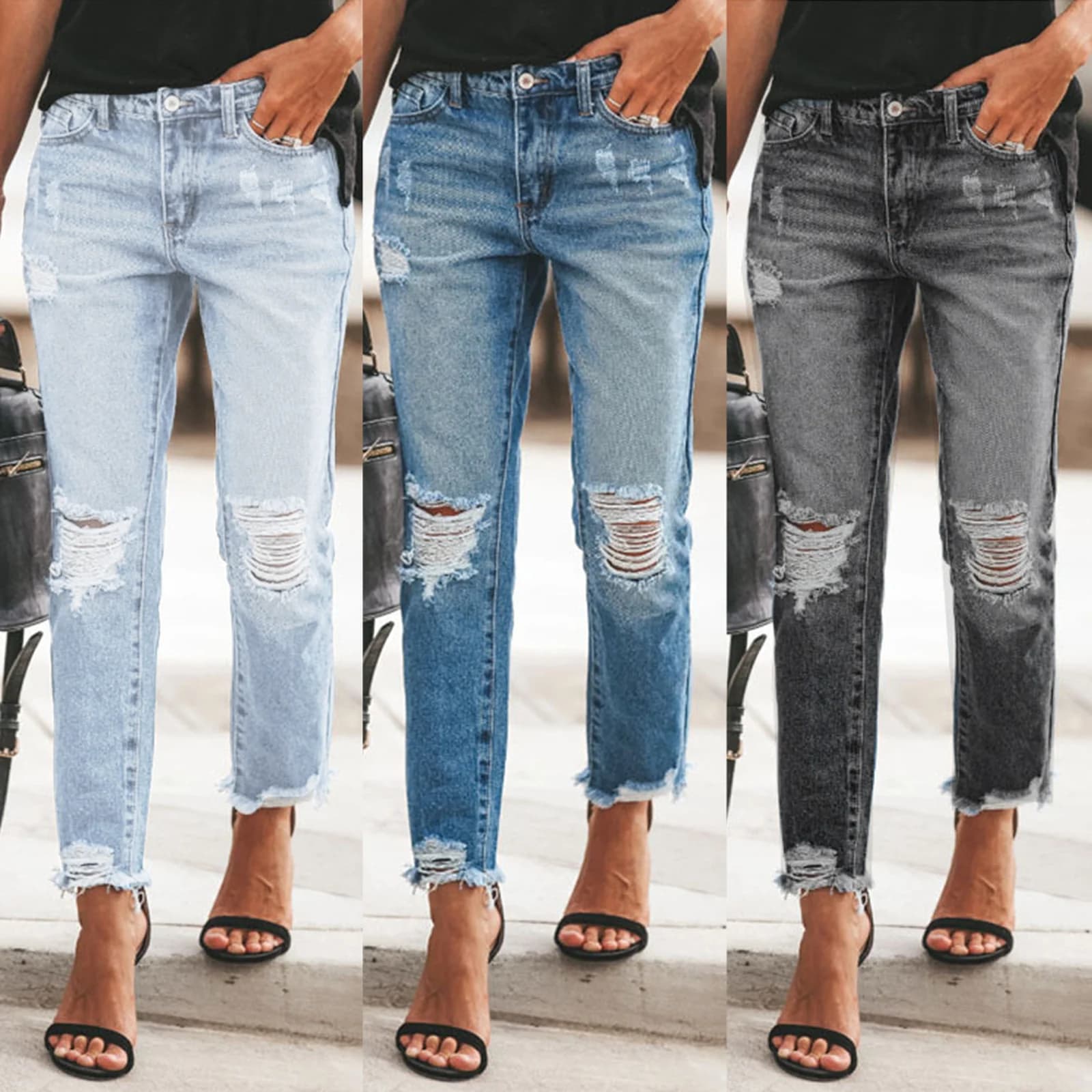 Black, Dark Wash and Light Wash distressed jeans side by side