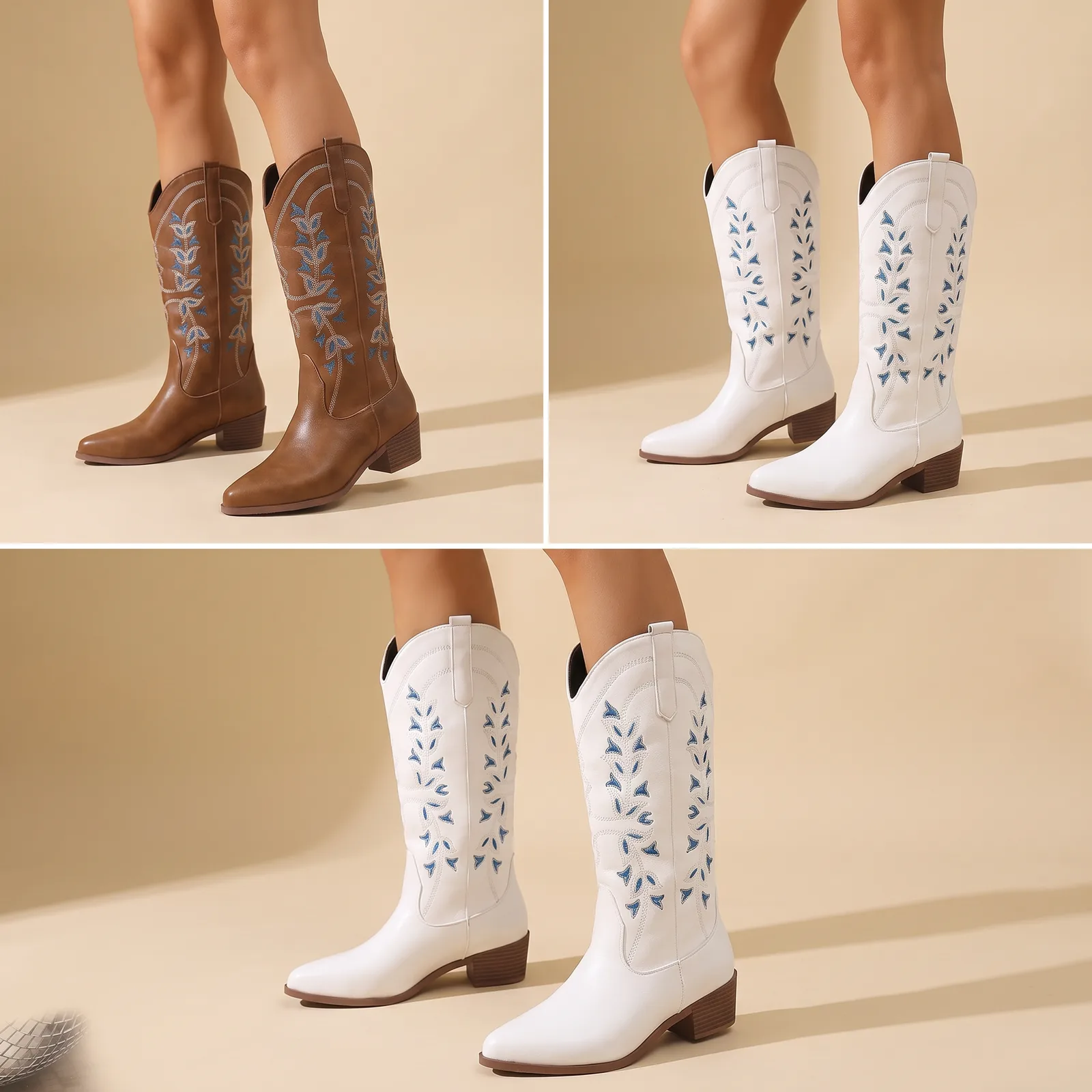 Embroidered western boots styled with a cardigan for fall
