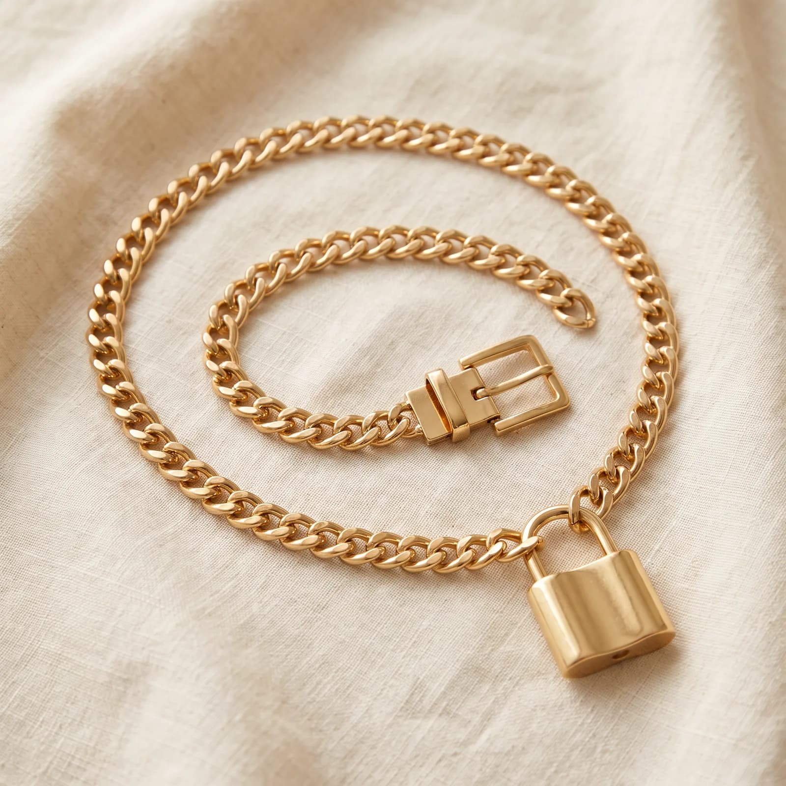 The chain belt laid top-down on warm cream linen coiled in a loose loop