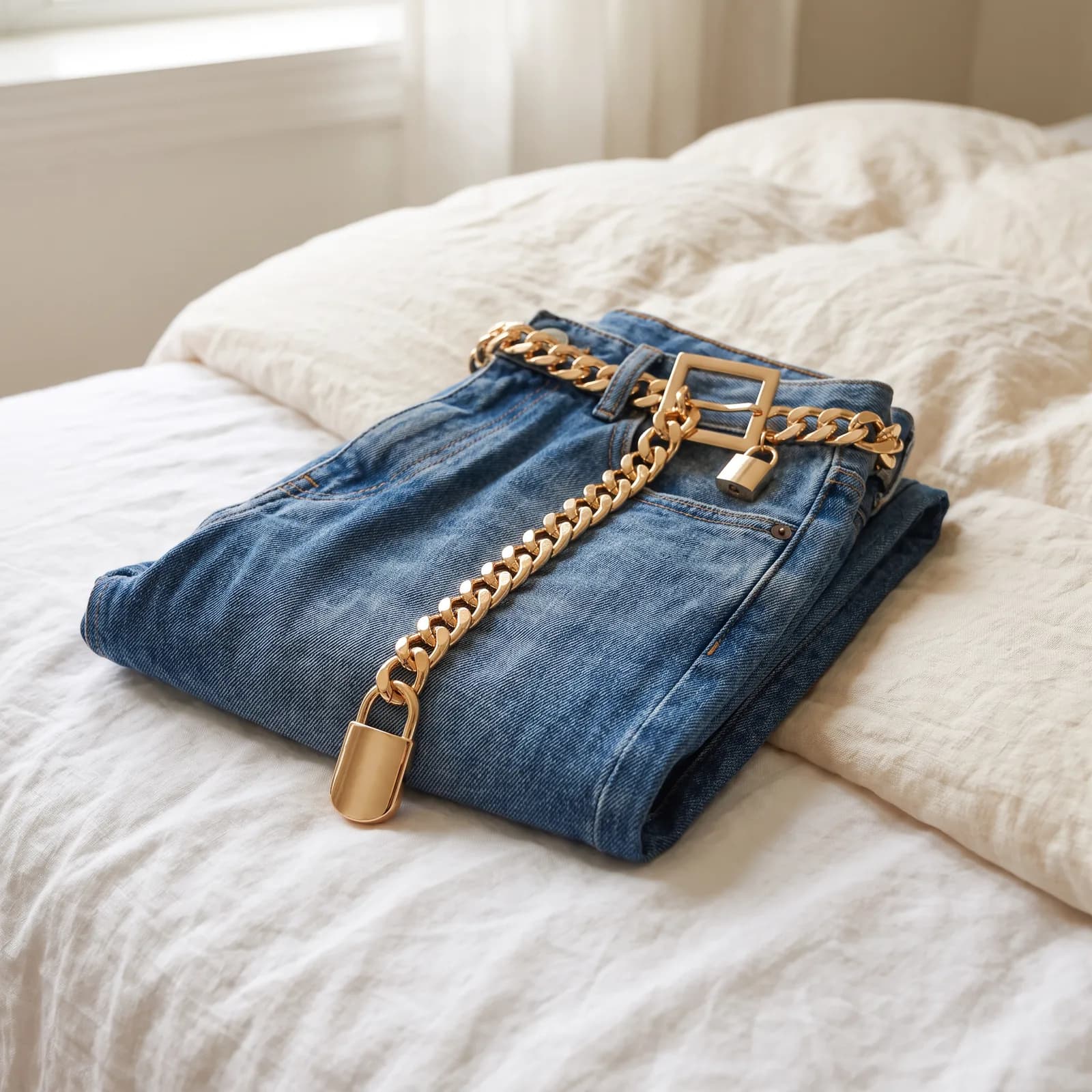 The belt draped over a pair of folded jeans on a bed, no faces