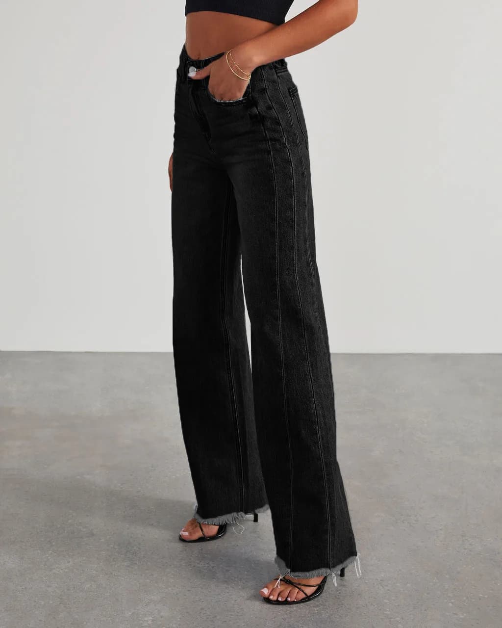 High-Waist Wide-Leg Jeans in Black, worn by a model