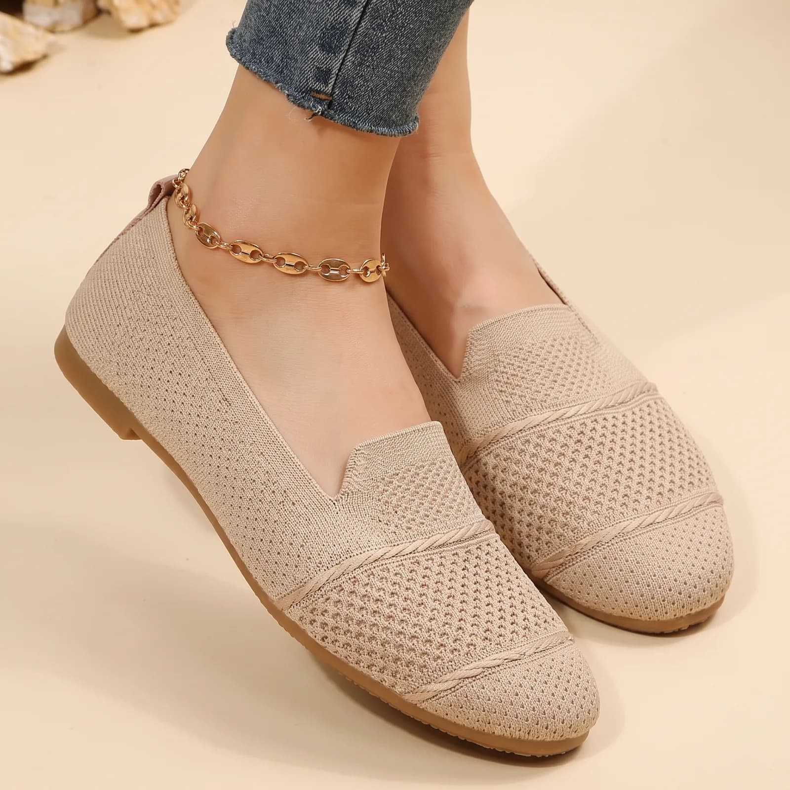 Knit round-toe ballet flats styled for the office