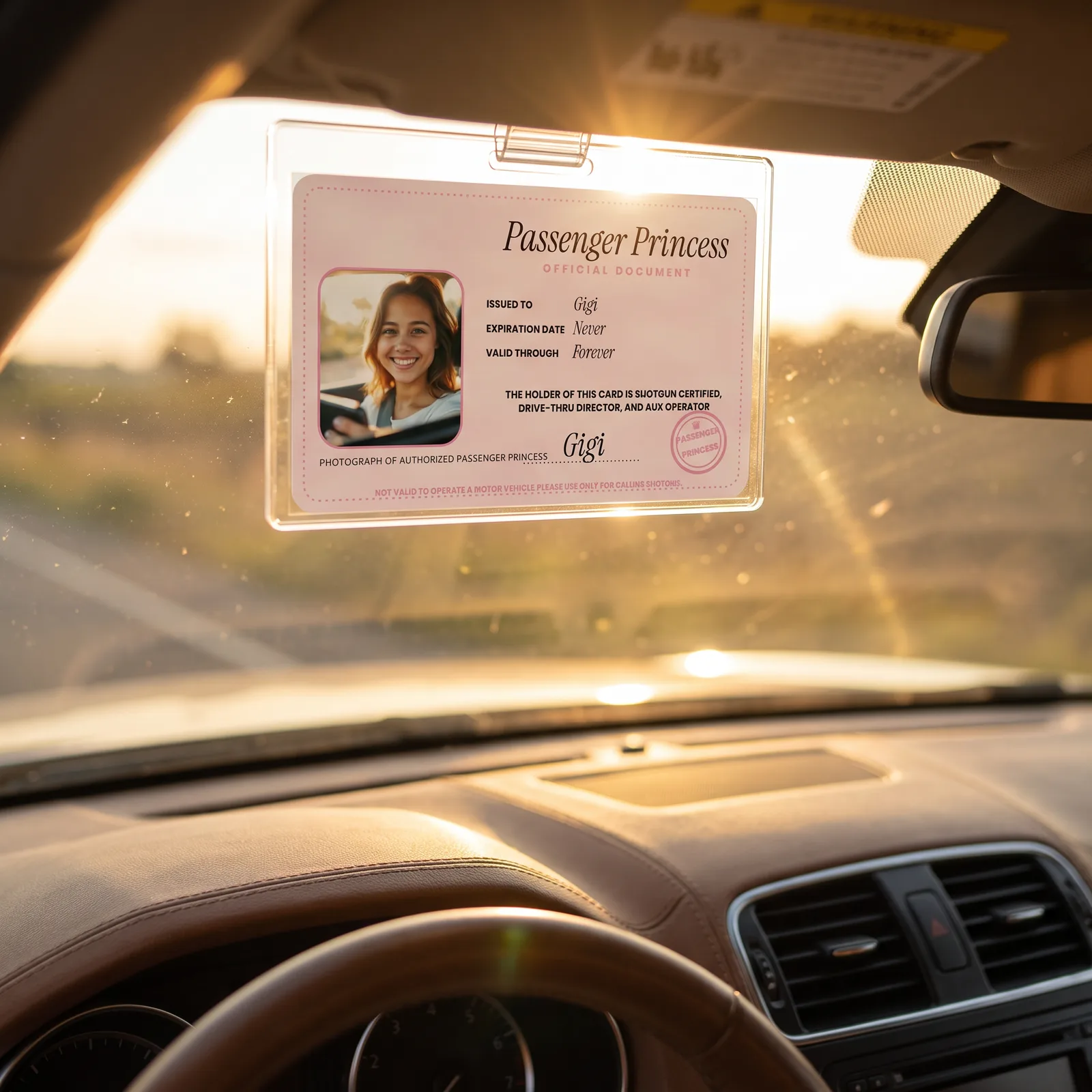Passenger Princess card on a car visor