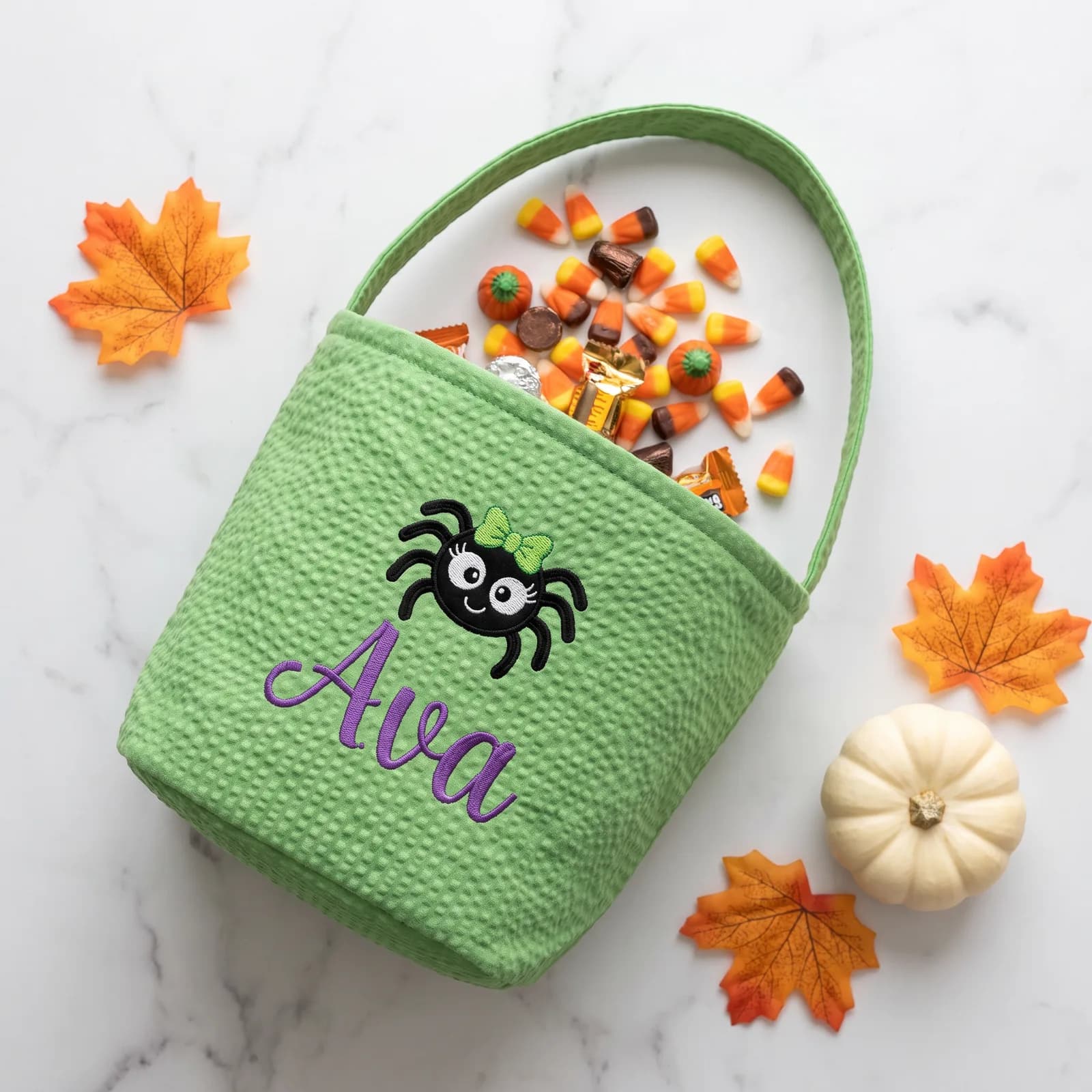 Basket with candy spilling out, flat lay