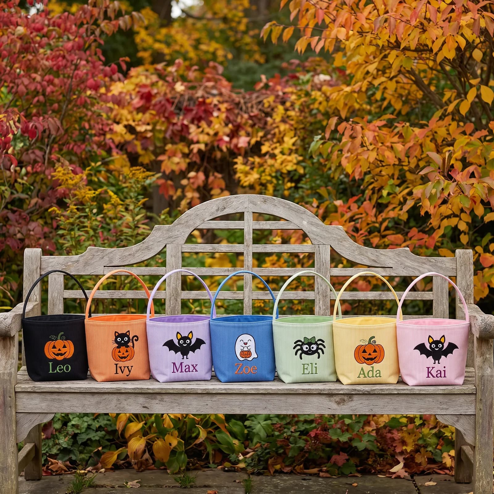 All seven basket colors on a garden bench