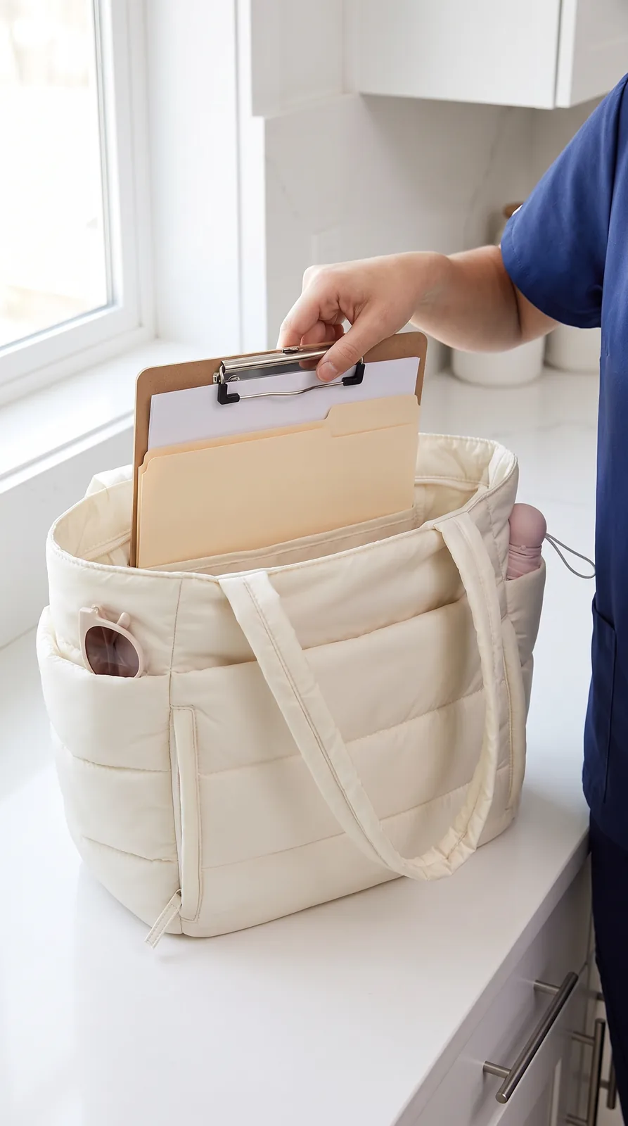 A clipboard and file folders sliding flat into the back of the main compartment