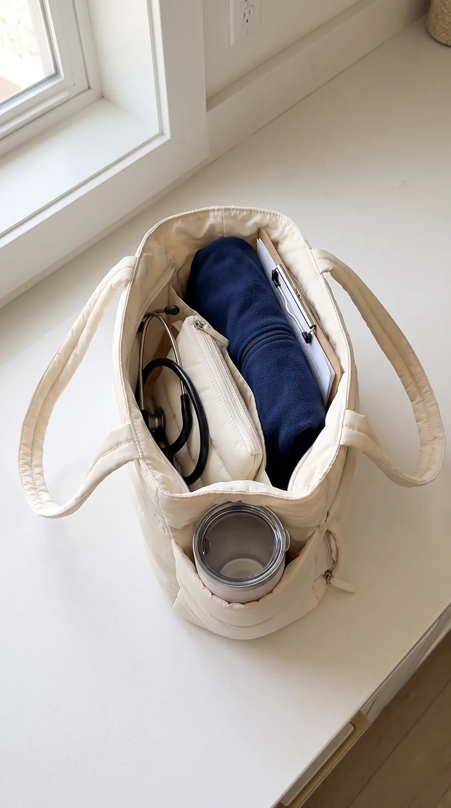 The packed tote seen from above: stethoscope, pouch, clipboard, folded fleece and the tumbler in the side pocket