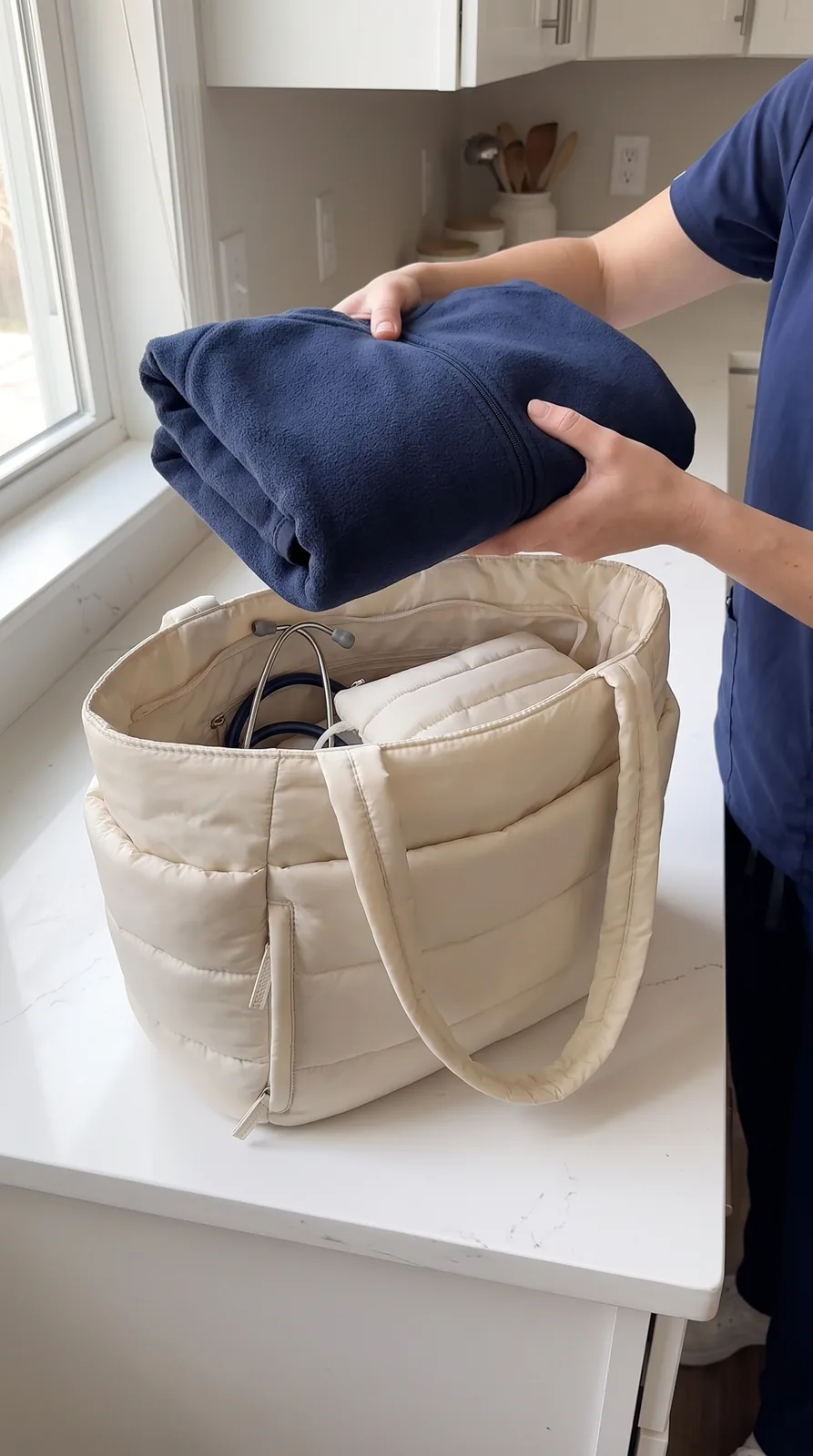 A folded fleece being pressed down into the tote without the bag bulging