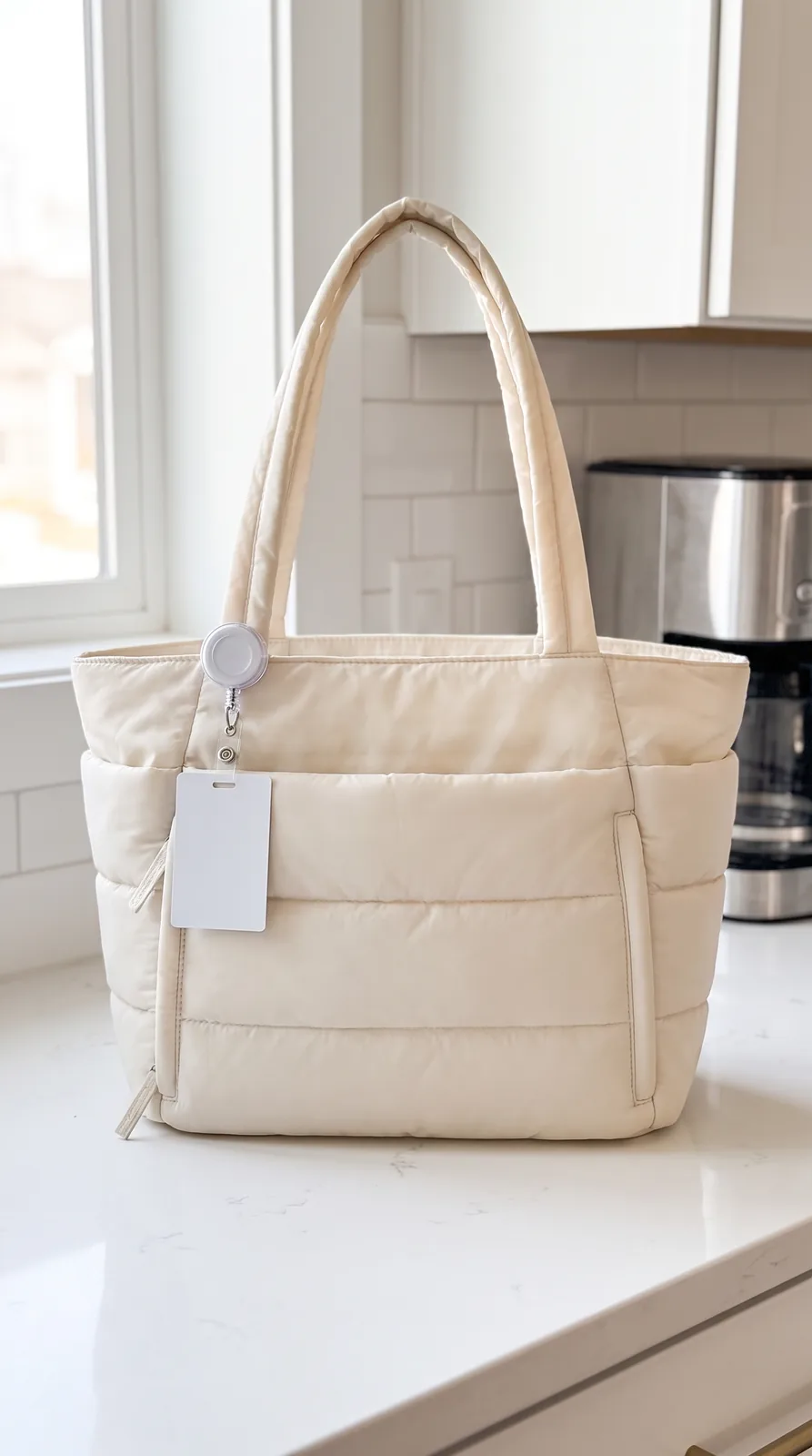 Cream quilted puffer tote standing on a kitchen counter with an ID badge reel clipped to the handle