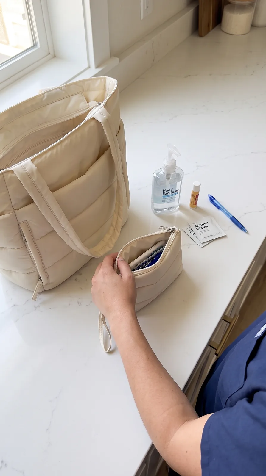The matching quilted zip pouch on the counter with hand sanitiser, lip balm, wipes and a pen