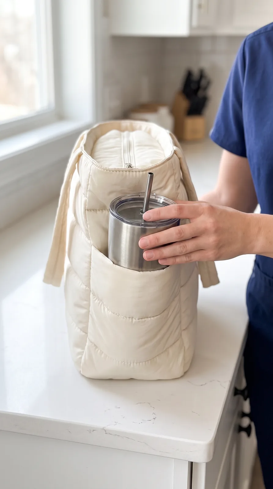 A 40 oz tumbler going into the deep outside side pocket of the tote, one-handed