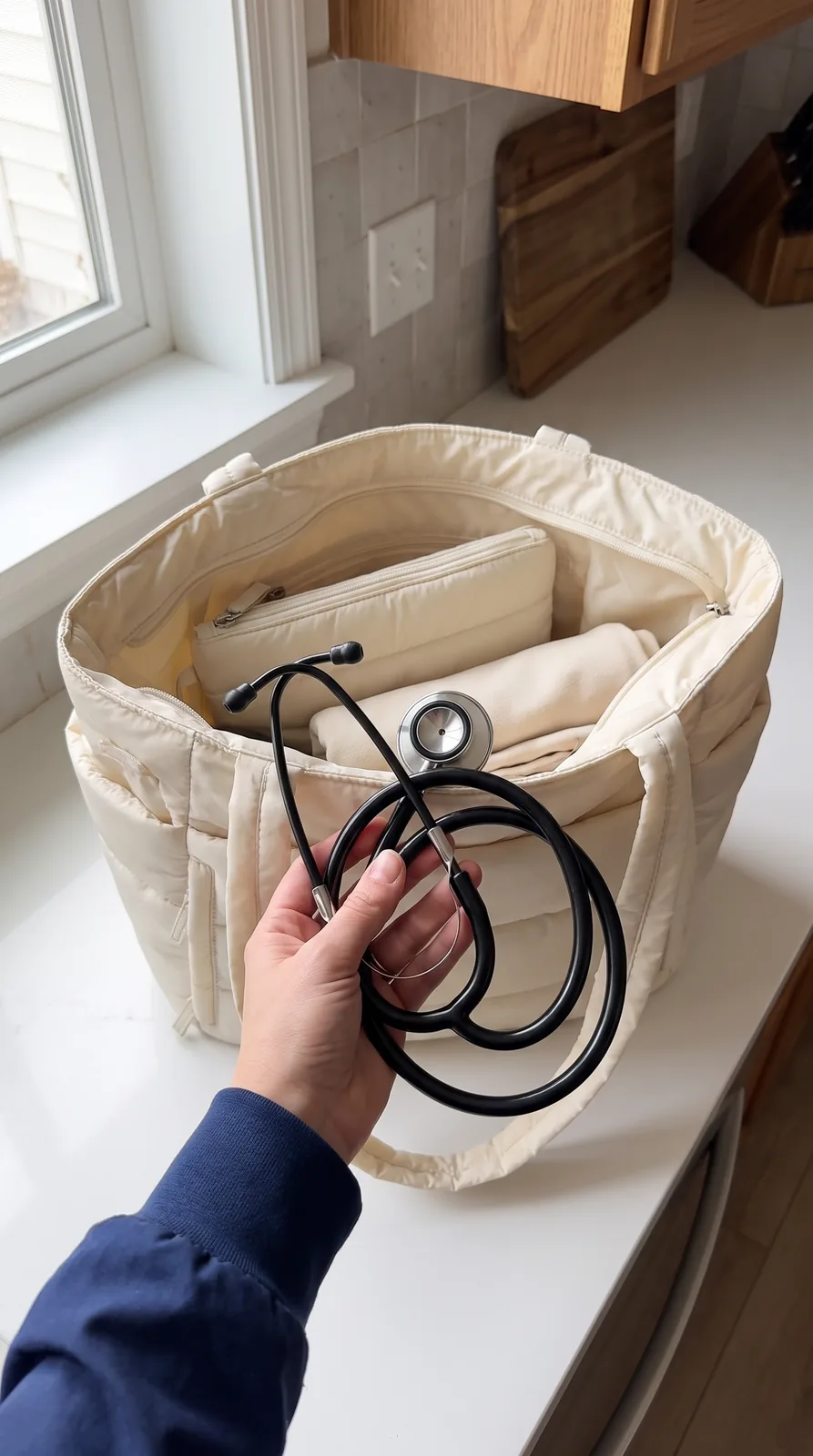A stethoscope being lowered into the open tote
