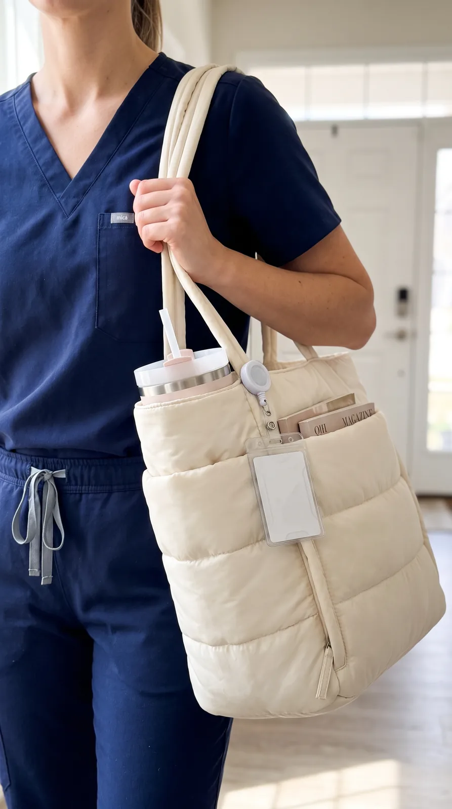 The packed tote carried on the shoulder over navy scrubs, framed from the collarbone down
