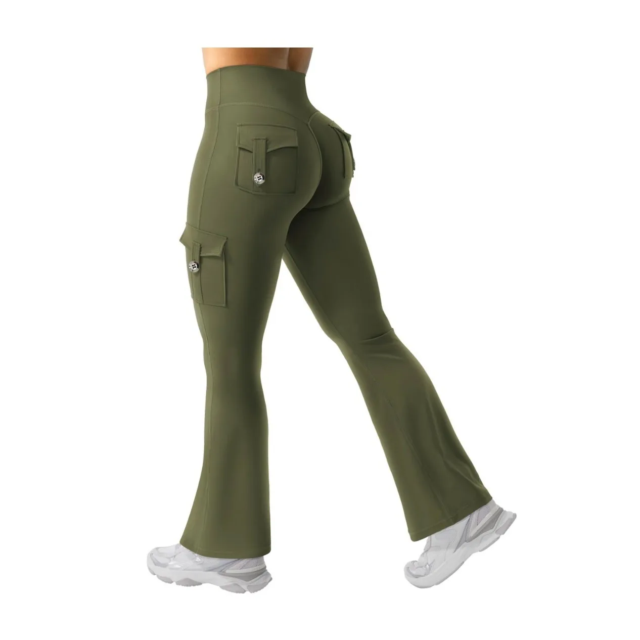 Pull-On Bootcut Dress Pants in Olive, worn by a model