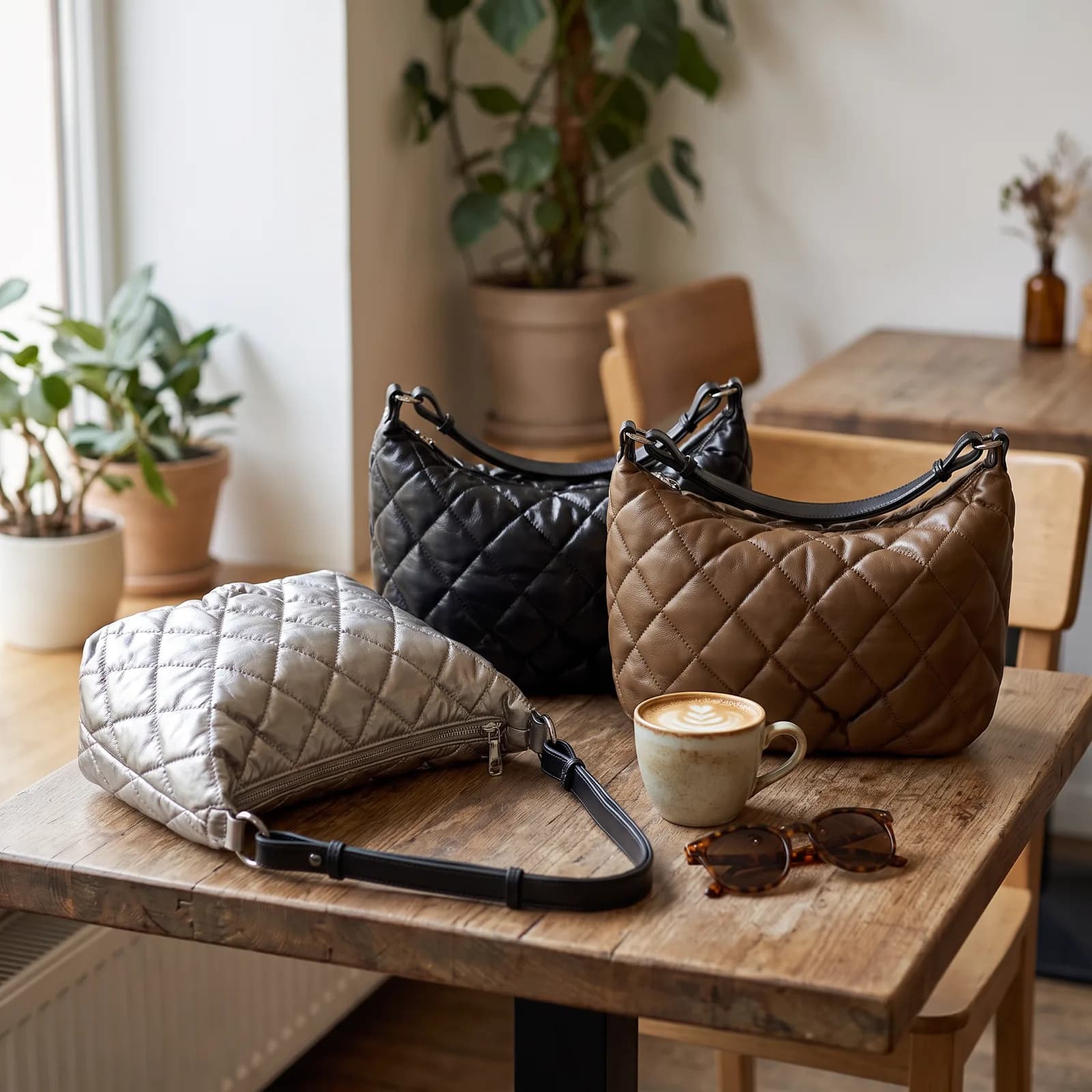 The bag resting on a cafe chair beside a folded scarf, no faces