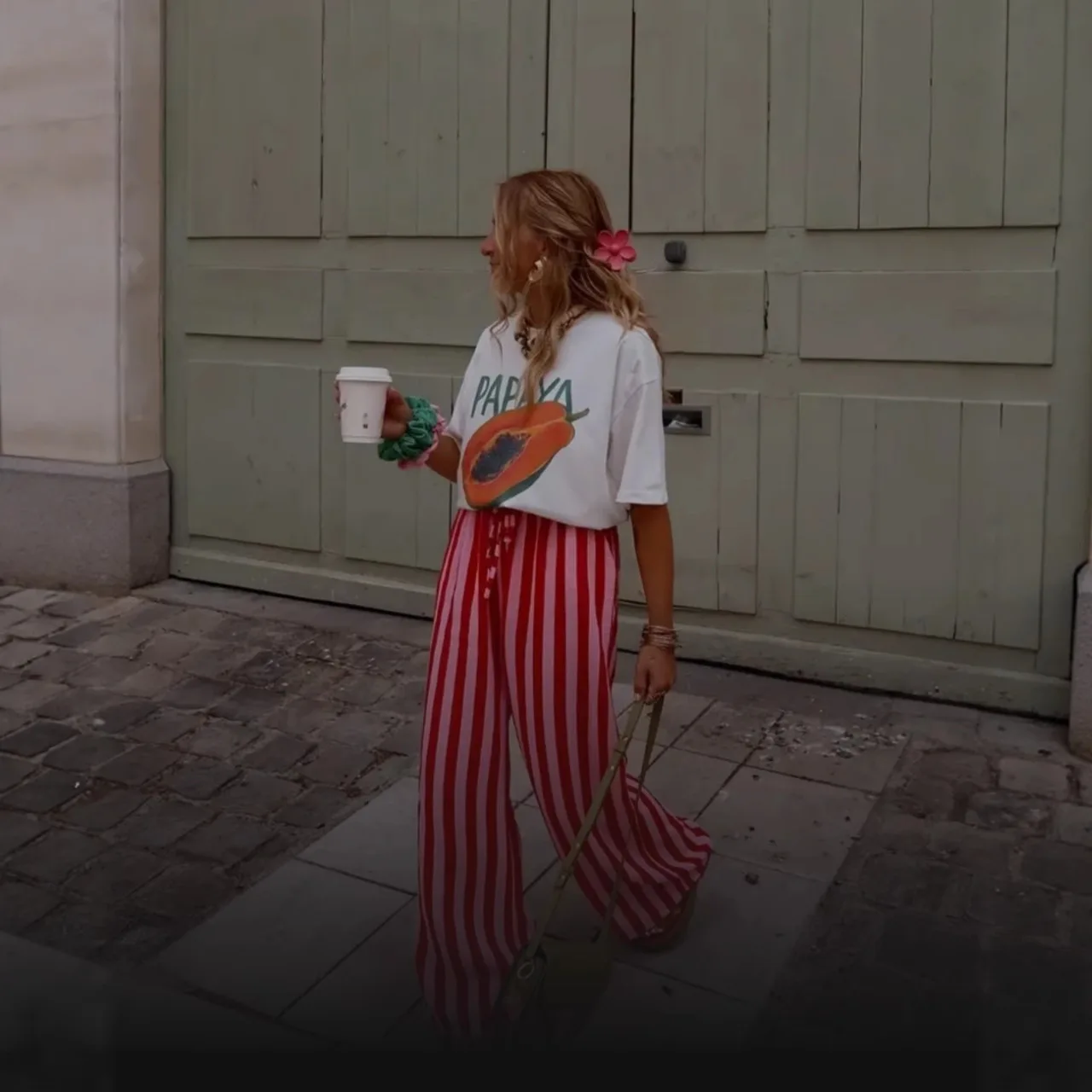 Striped Wide-Leg Palazzo Pants in Red Stripe, worn by a model