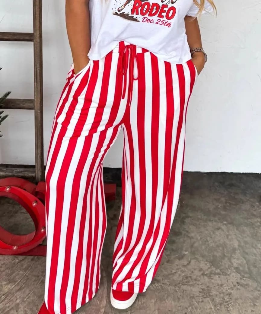 Striped Wide-Leg Palazzo Pants in Red Stripe, worn by a model