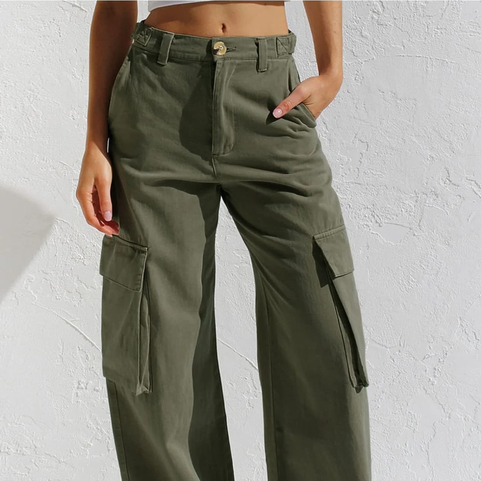 Utility Cargo Pants in Olive worn with a white top, front view
