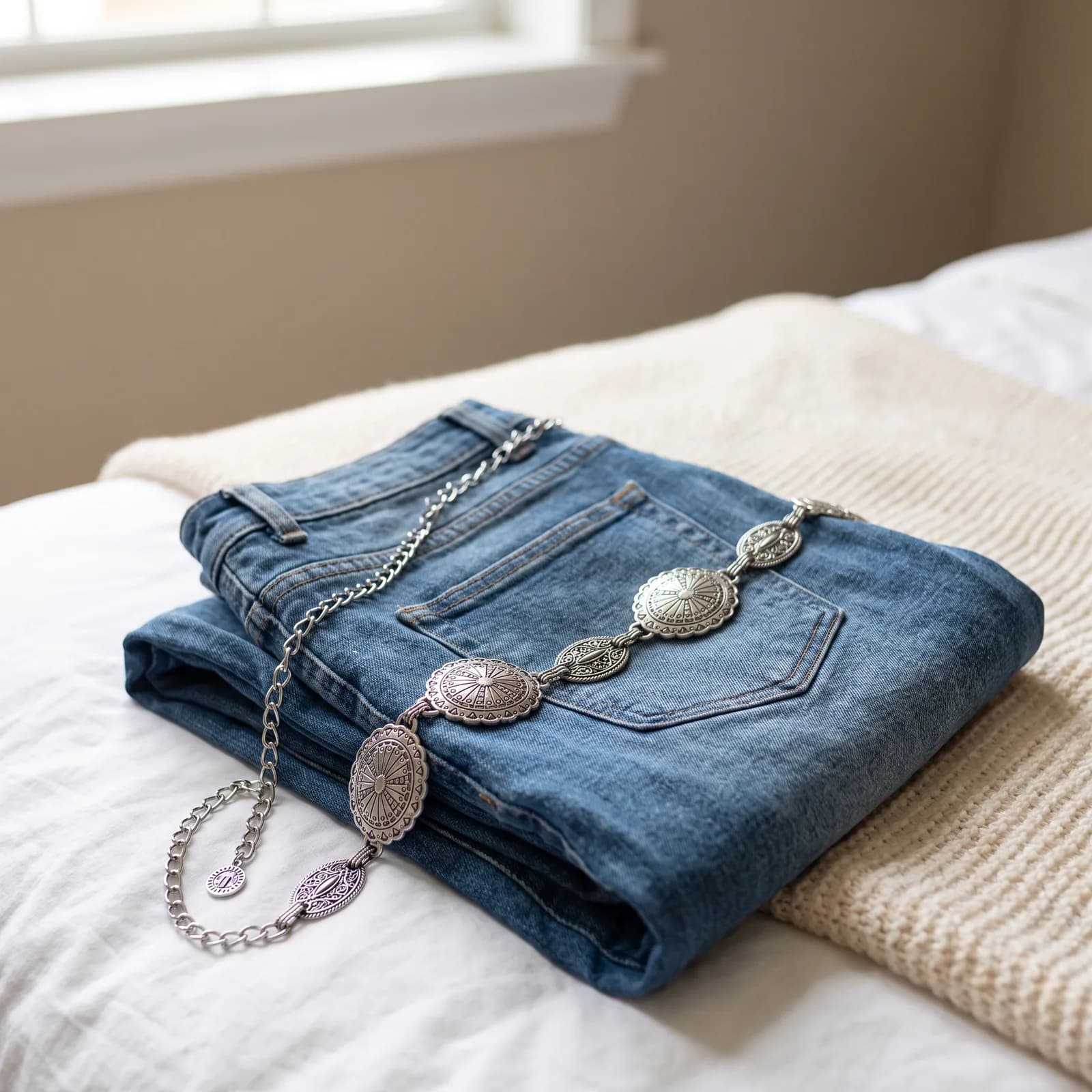 The belt draped over a pair of folded denim jeans on a bed, no faces