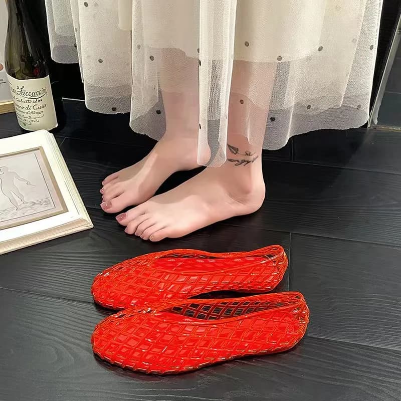 Woven Jelly Ballet Flats in Red, styled shot
