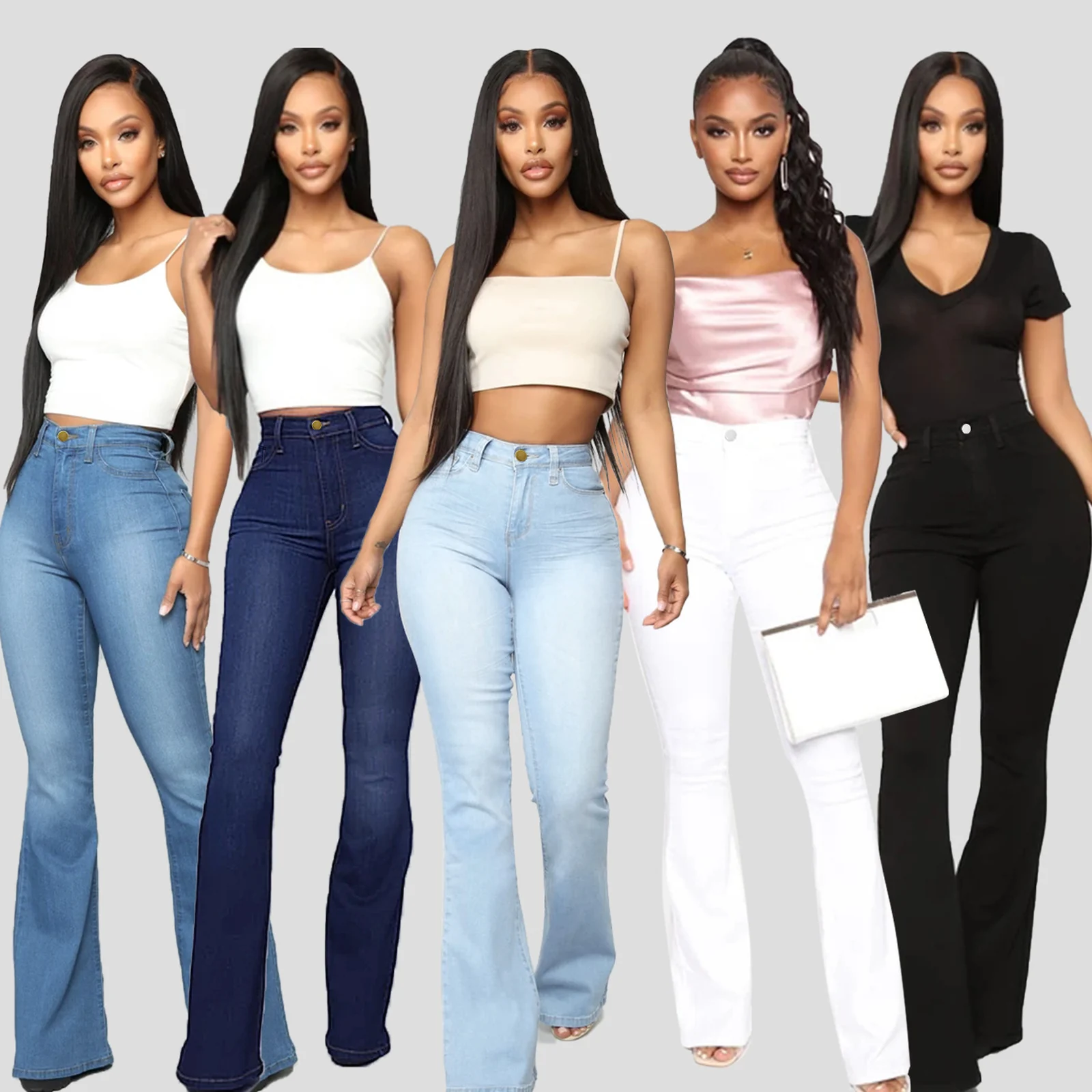 The bell-bottom flare in Medium Wash, Dark Wash, Light Wash, White and Black lined up