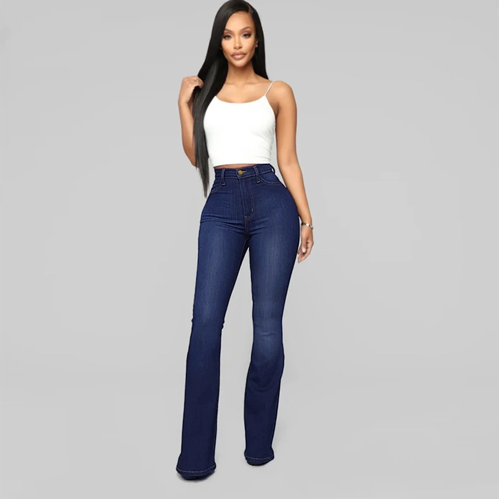 Bell-Bottom Flare Jeans in Dark Wash, high rise, full bell leg, worn with a white top