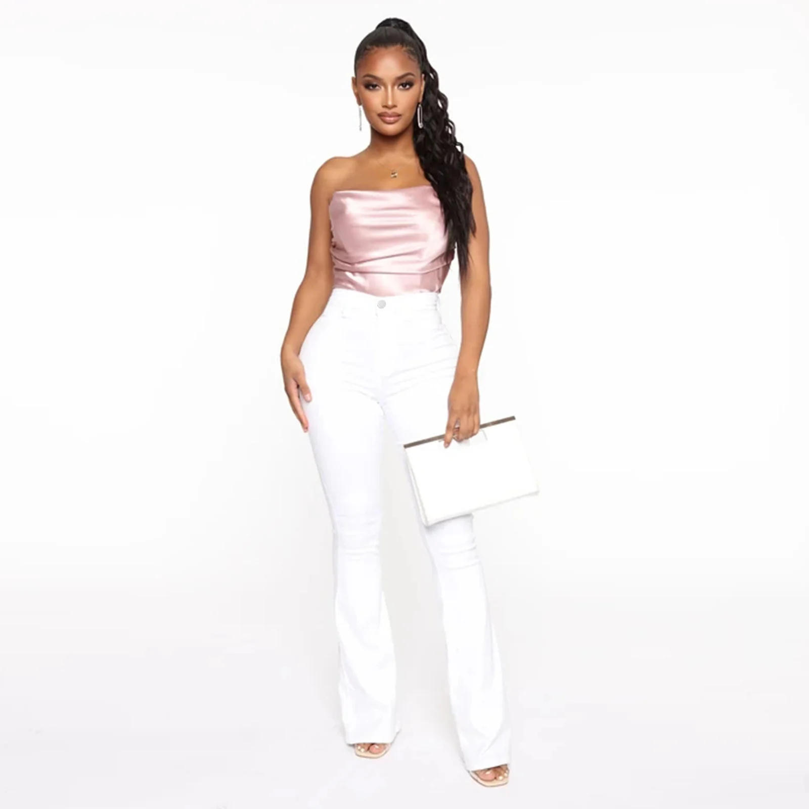 The White bell-bottom flare worn with a satin top