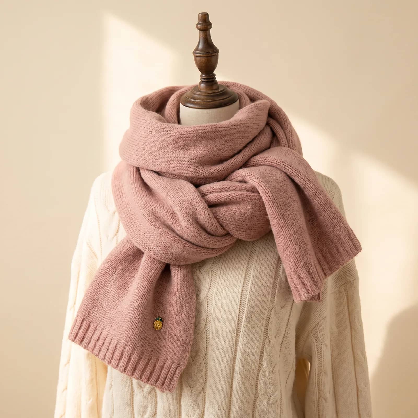 Cashmere-Feel Fringe Scarf in Camel on a cream studio background