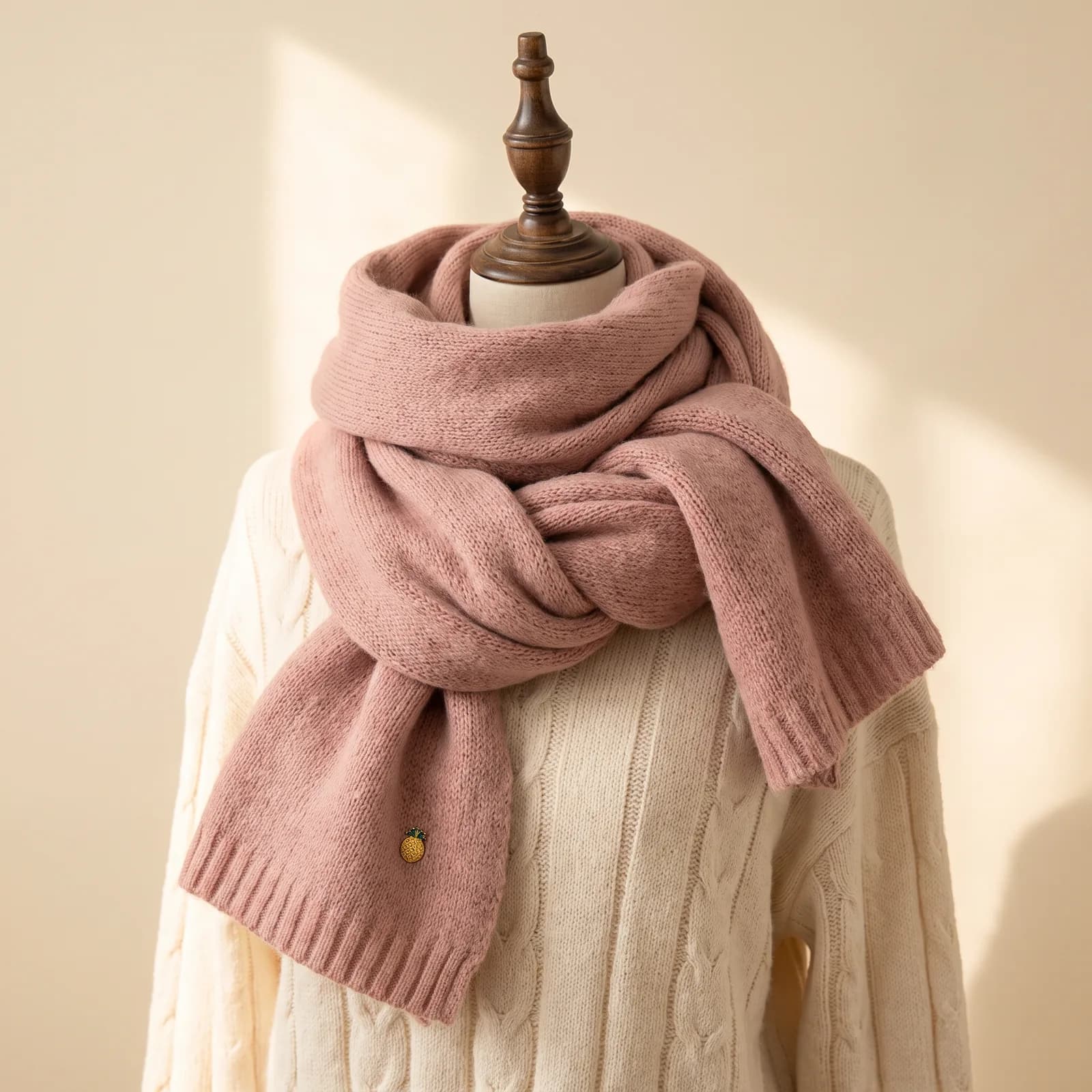Cashmere-Feel Fringe Scarf in Camel on a cream studio background