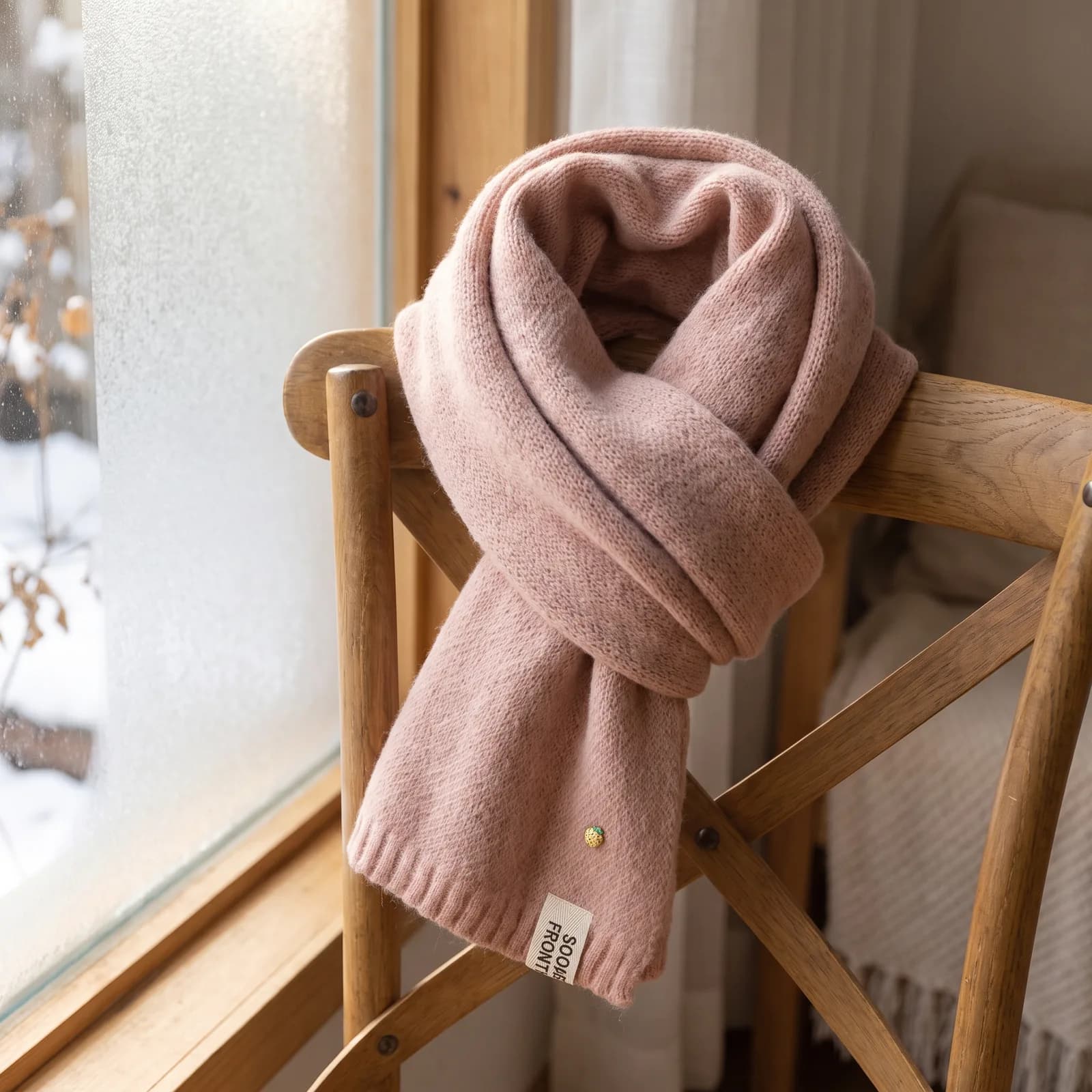 The scarf draped over the back of a chair near a window on a cold morning, no faces