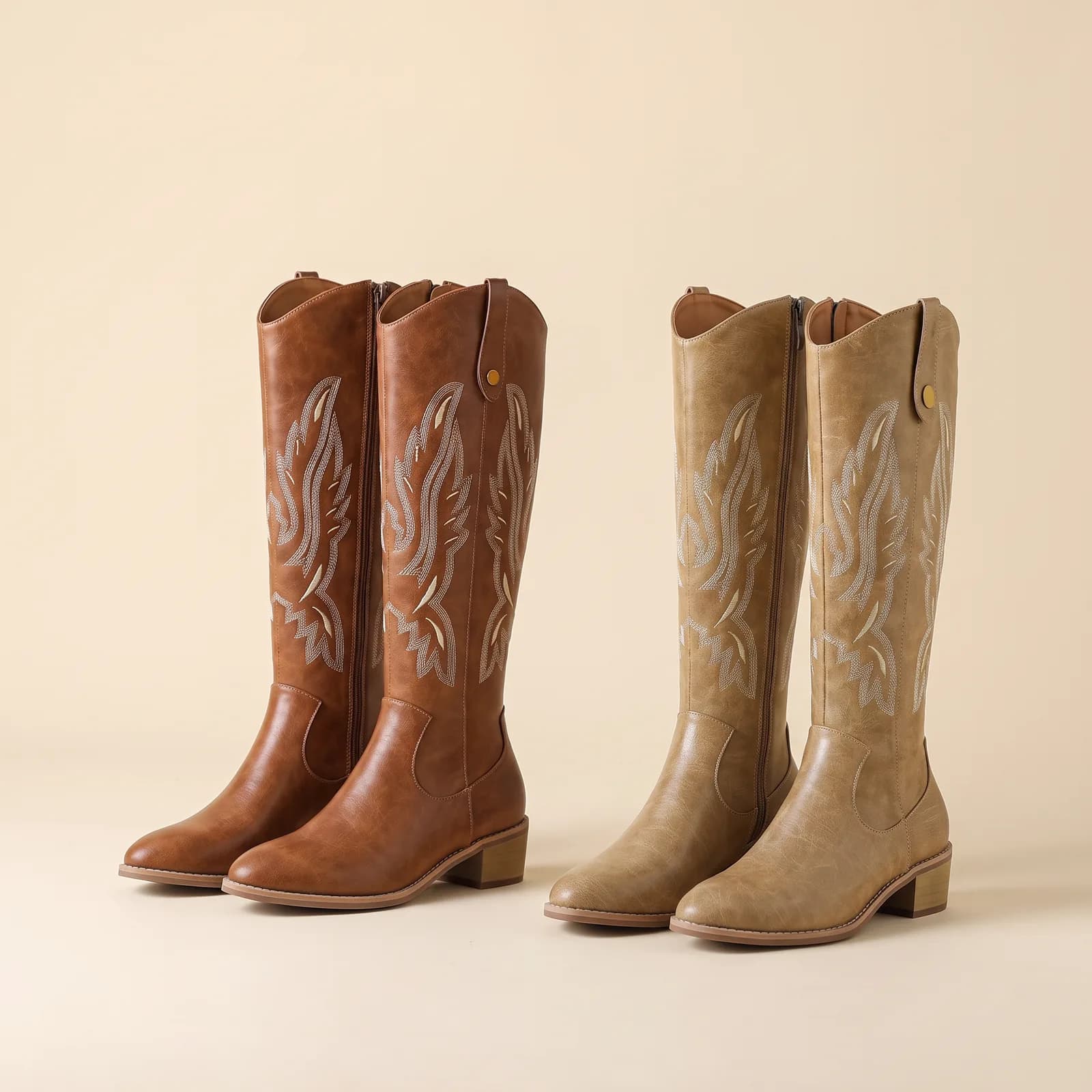 Cognac and Camel boots standing side by side
