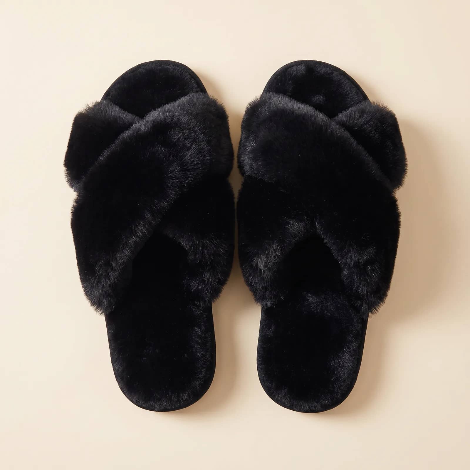 Cloud Cross-Strap Fuzzy Slippers in Oat on a cream studio background