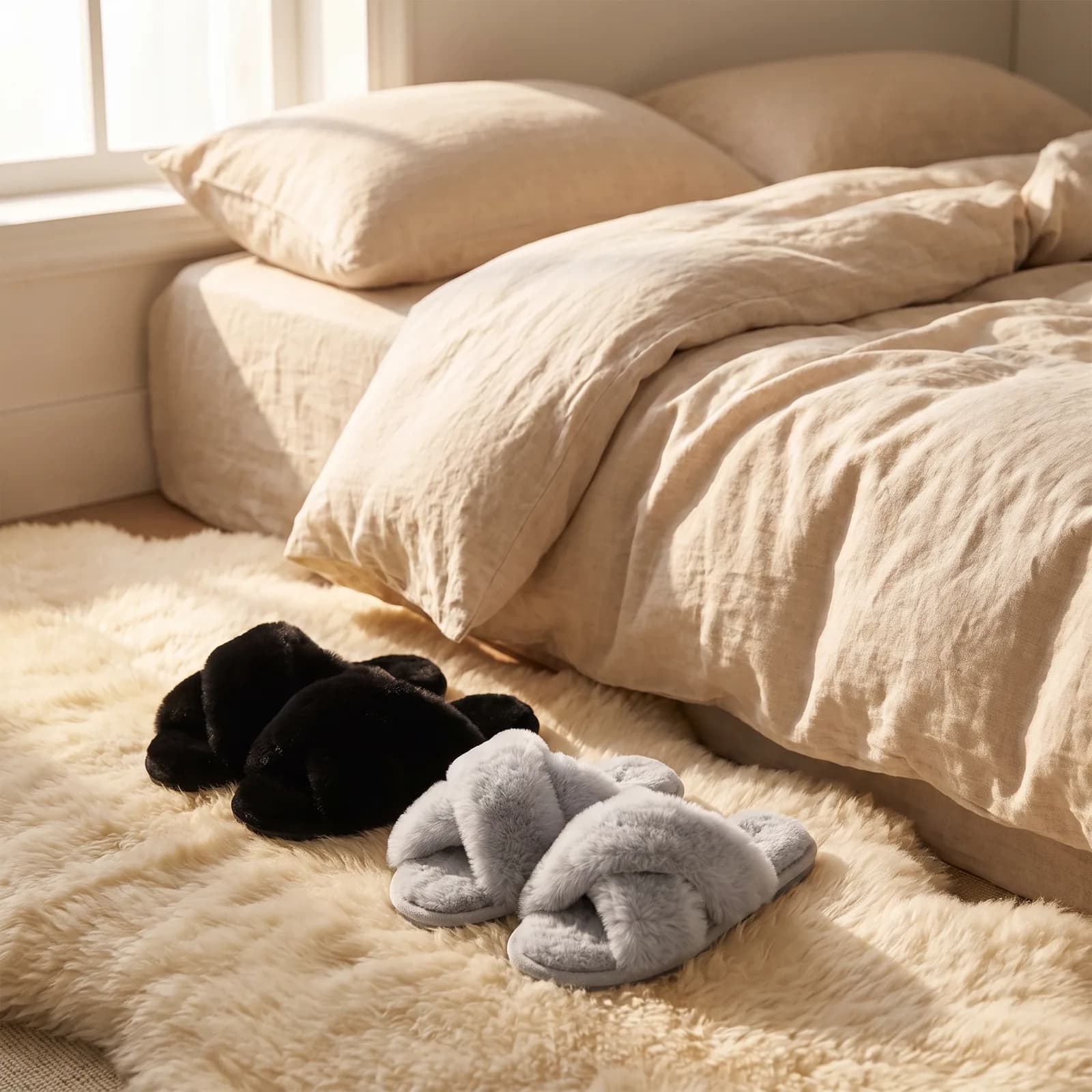 Slippers by a bedside on a rug in soft morning light, no faces