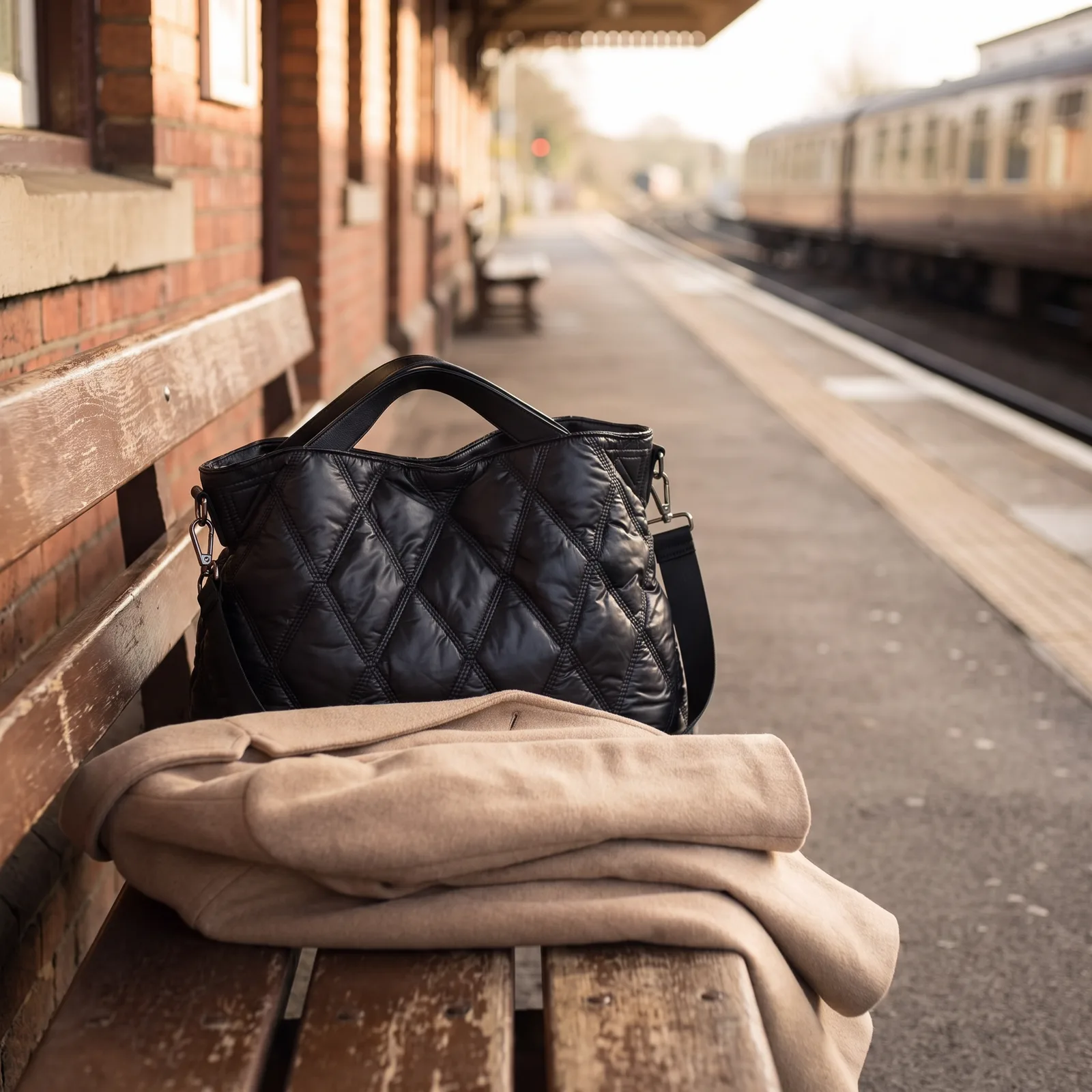 The tote resting on a train station bench beside a coat and a coffee cup, no faces