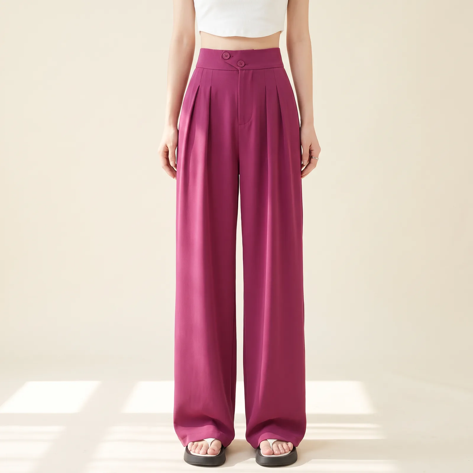 Drape Wide-Leg Trousers in Magenta on a cream studio background