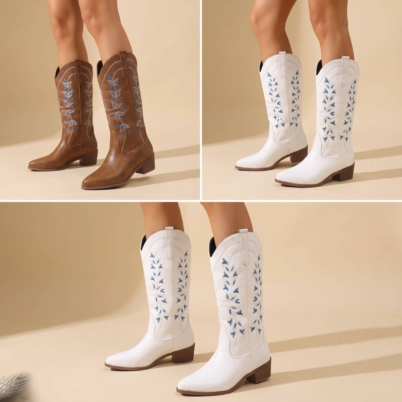 Embroidered Western Boots in Saddle Brown on a cream studio background