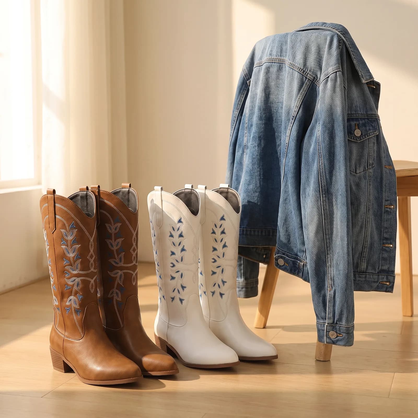 Boots by a closet door next to a denim jacket, no faces