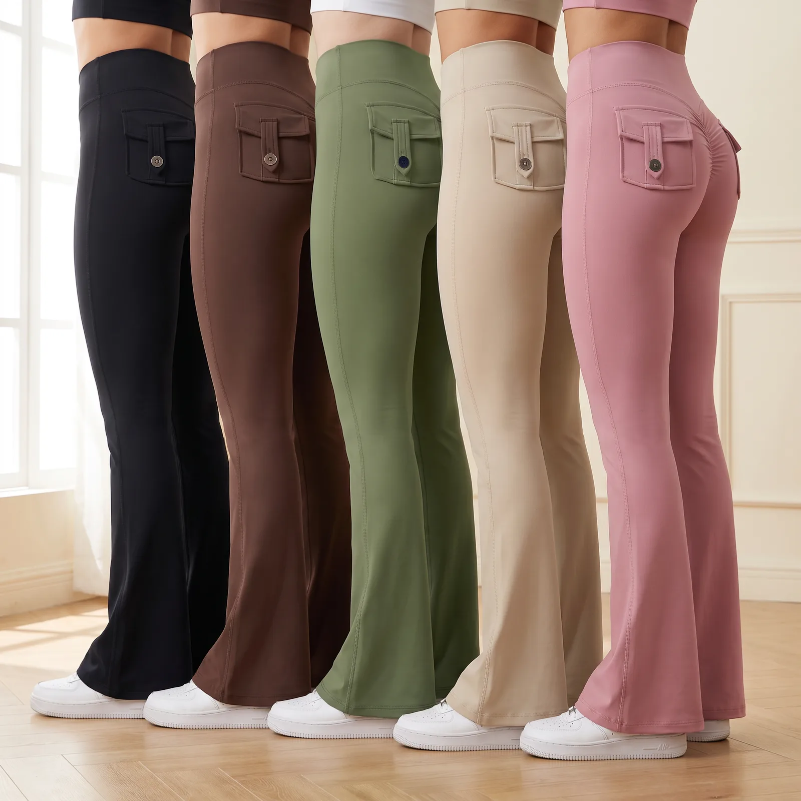Black, Espresso, Olive, Sand, and Dusty Pink leggings lined up side by side