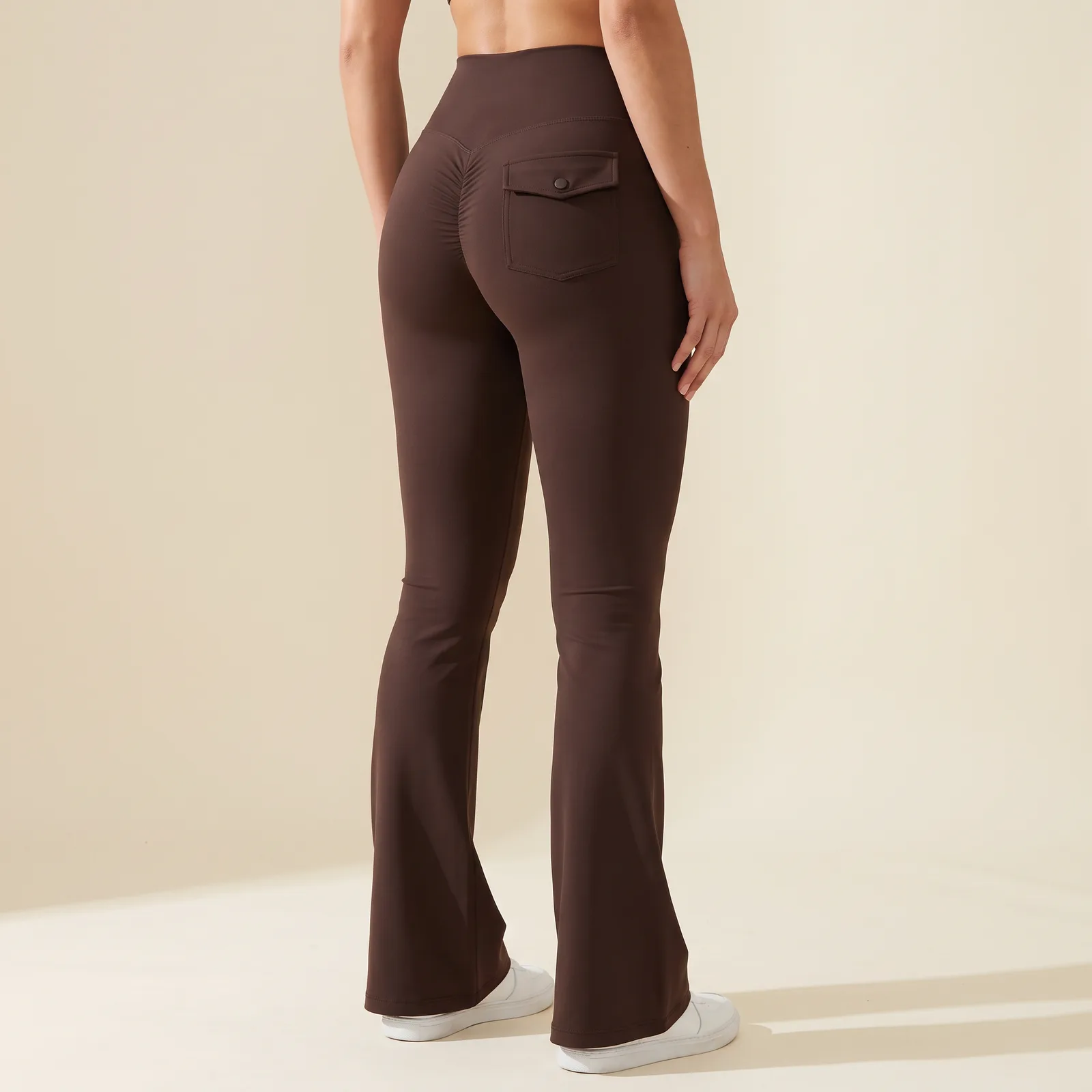 Sculpt Flare Leggings with Pockets in Espresso on a cream studio background