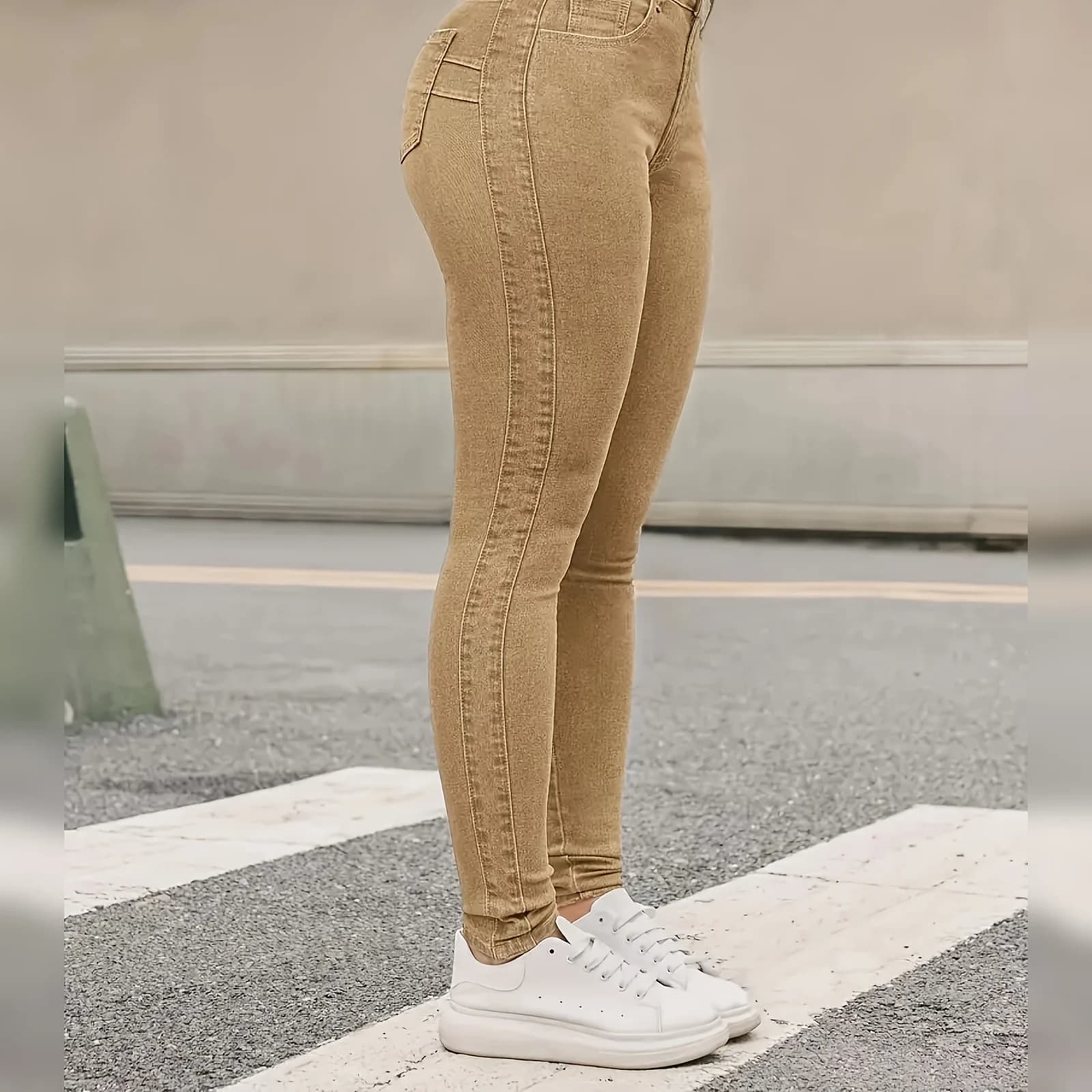 The Khaki skinny worn with sneakers