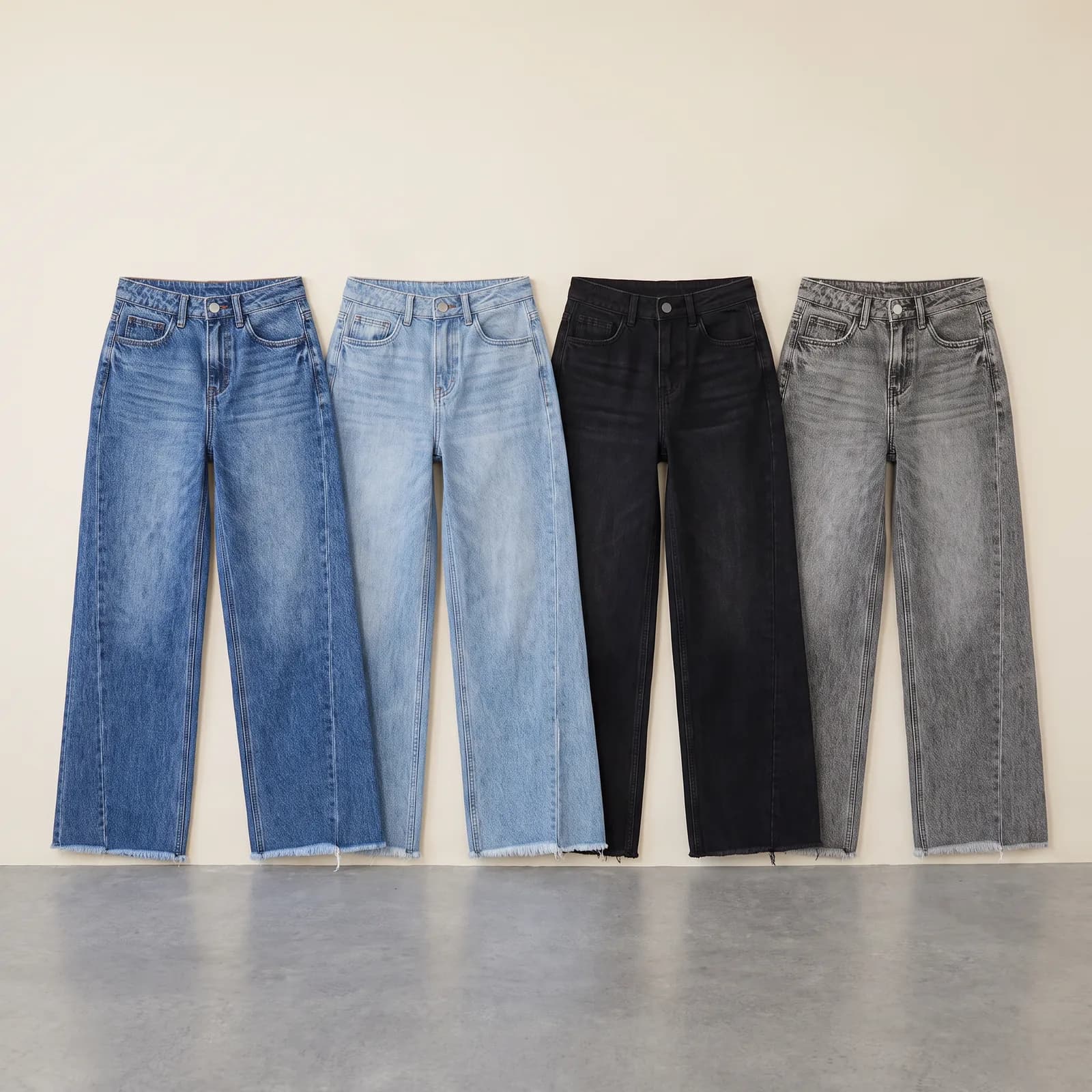 Medium Wash, Light Wash, Black, and Grey jeans lined up side by side