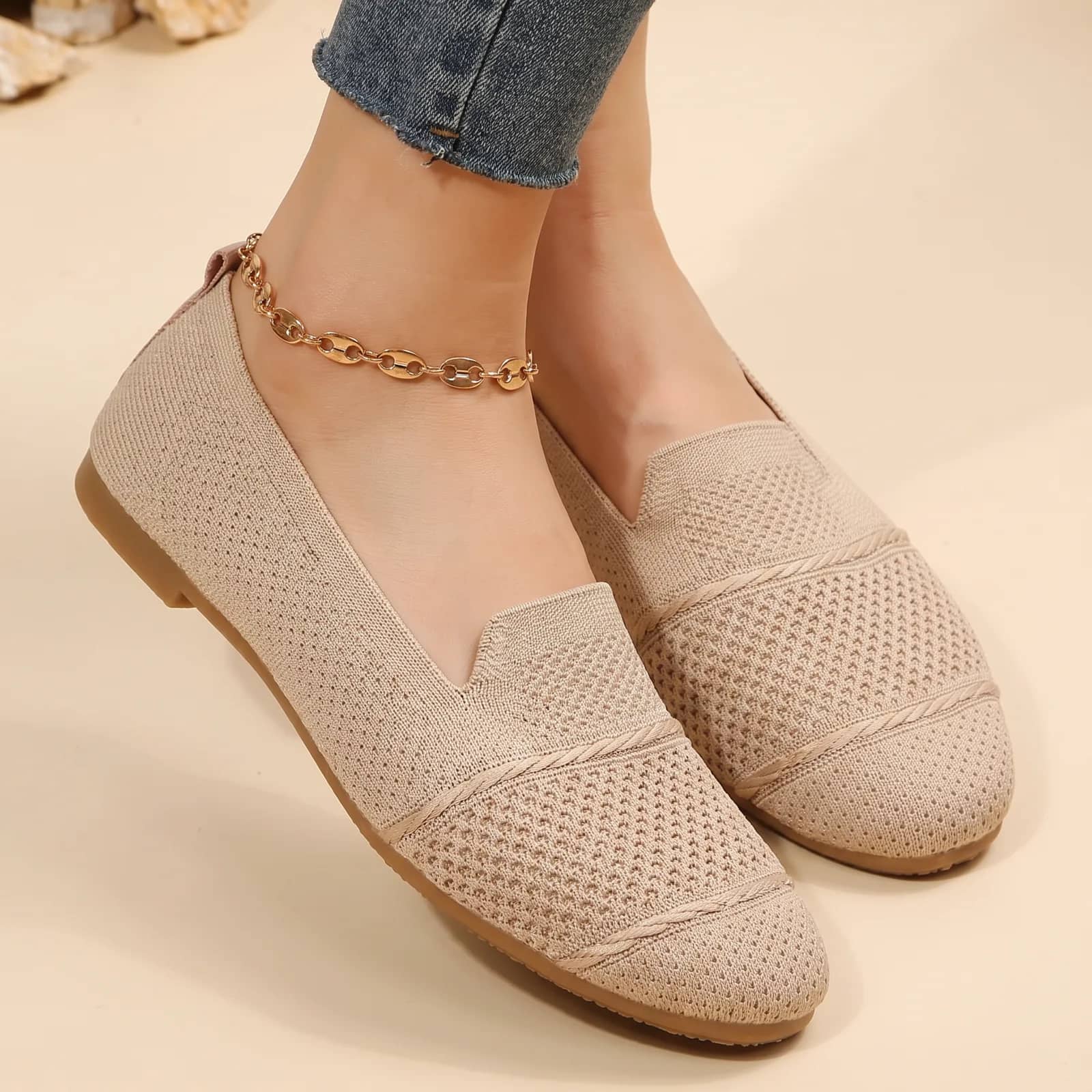 Everyday Knit Ballet Flats in Sand on a cream studio background